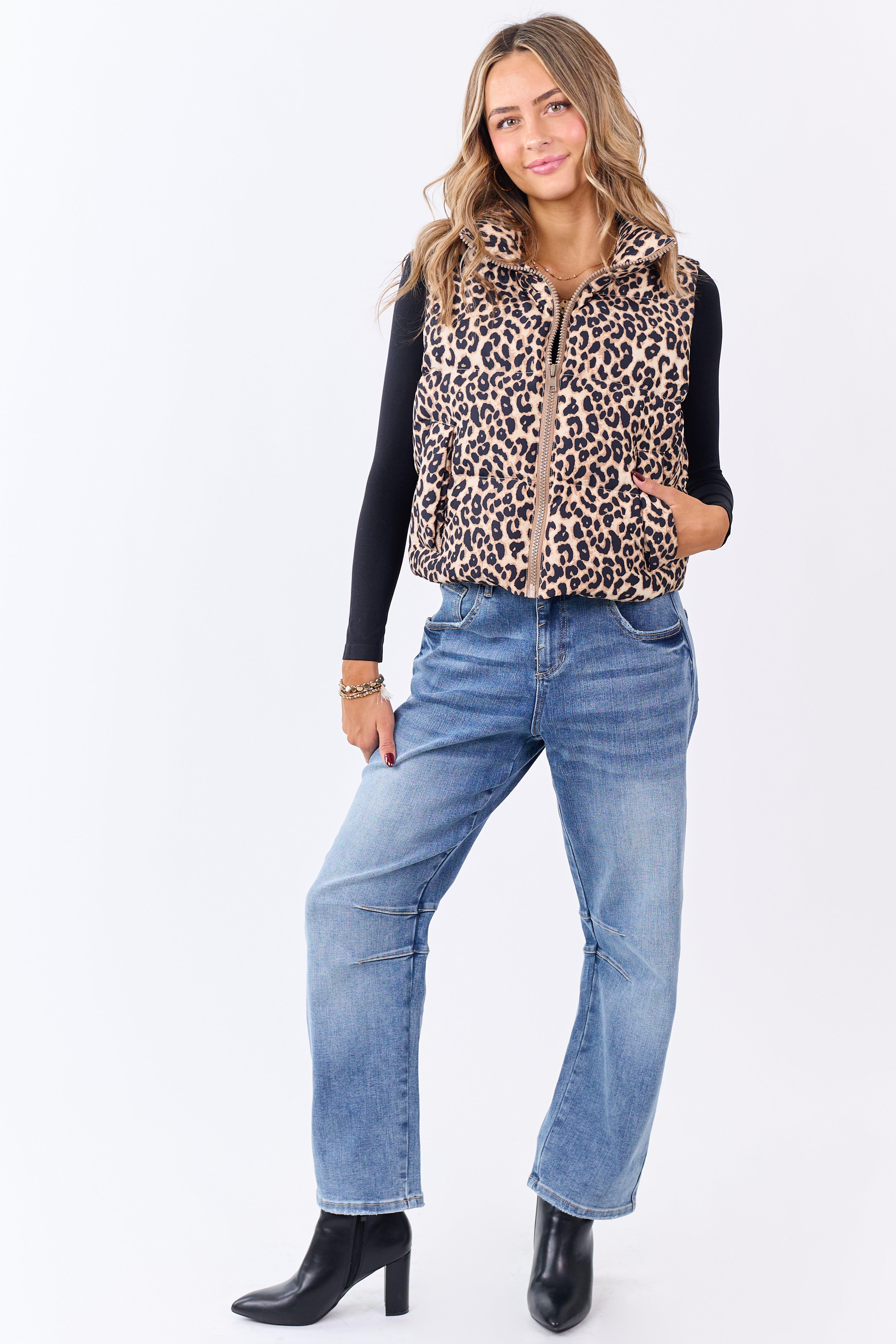 Lovelo Almond Leopard Print Zip Up Puffer Vest