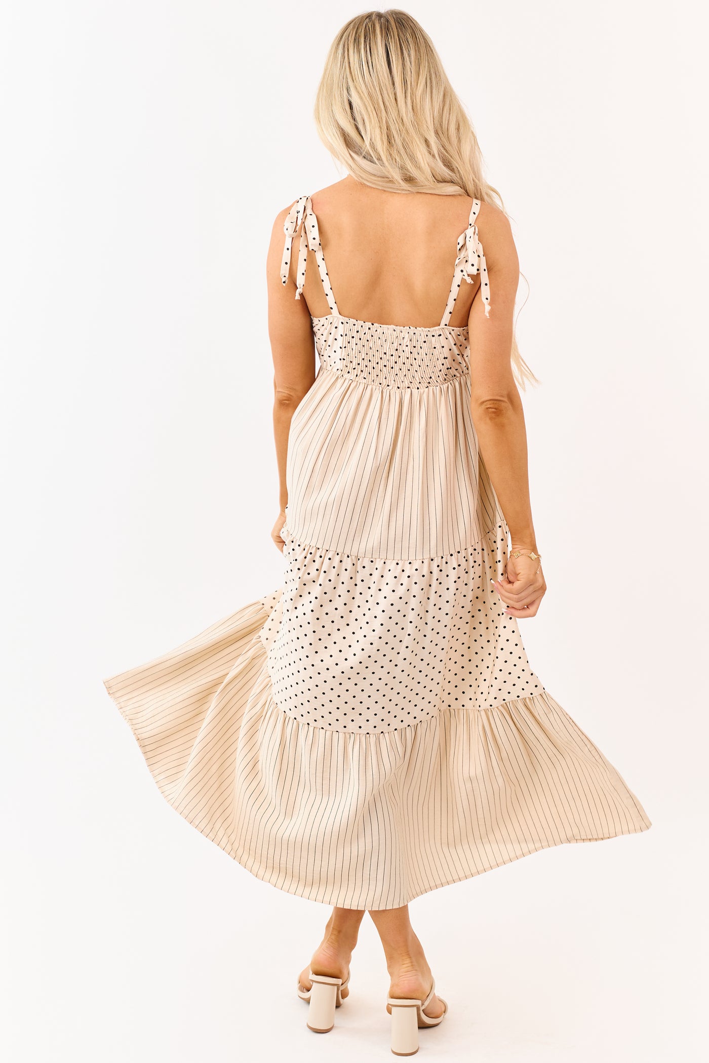 Lovelo Almond Polka Dot and Stripe Tiered Midi Dress