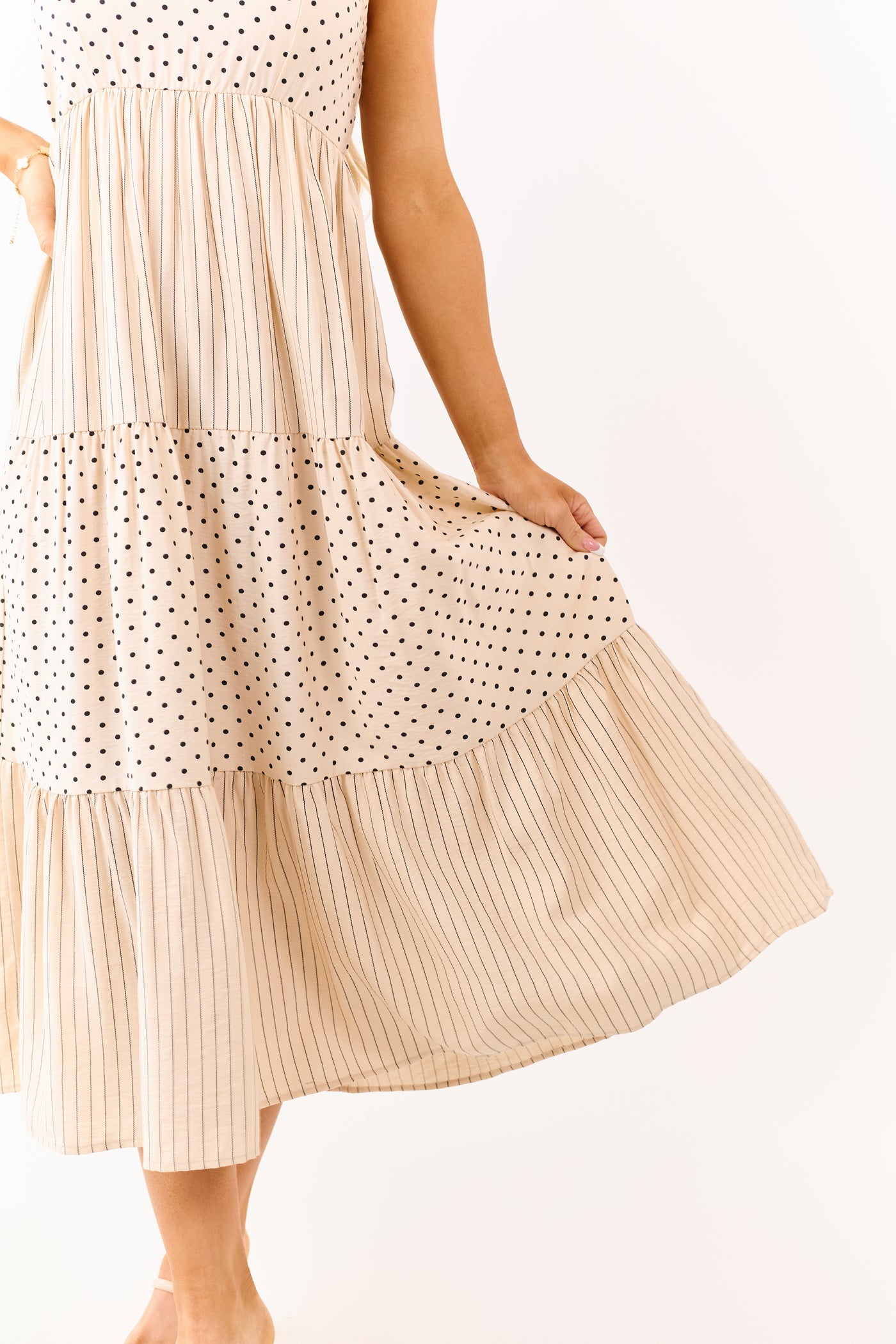 Lovelo Almond Polka Dot and Stripe Tiered Midi Dress