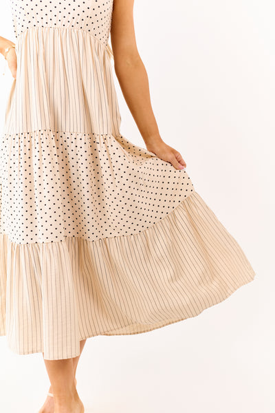 Lovelo Almond Polka Dot and Stripe Tiered Midi Dress