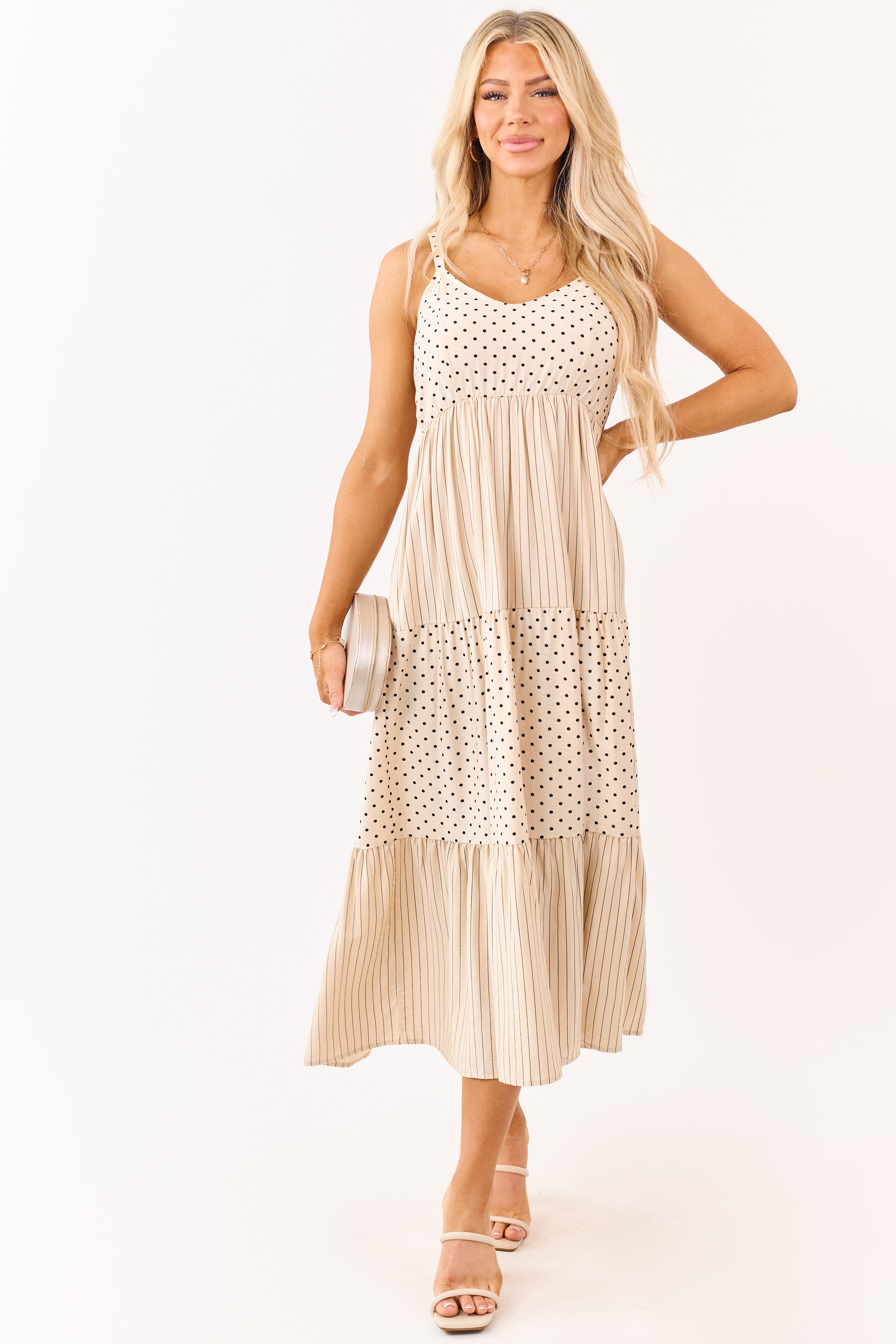 Lovelo Almond Polka Dot and Stripe Tiered Midi Dress Lovelo Almond Polka Dot and Stripe Tiered Midi Dress