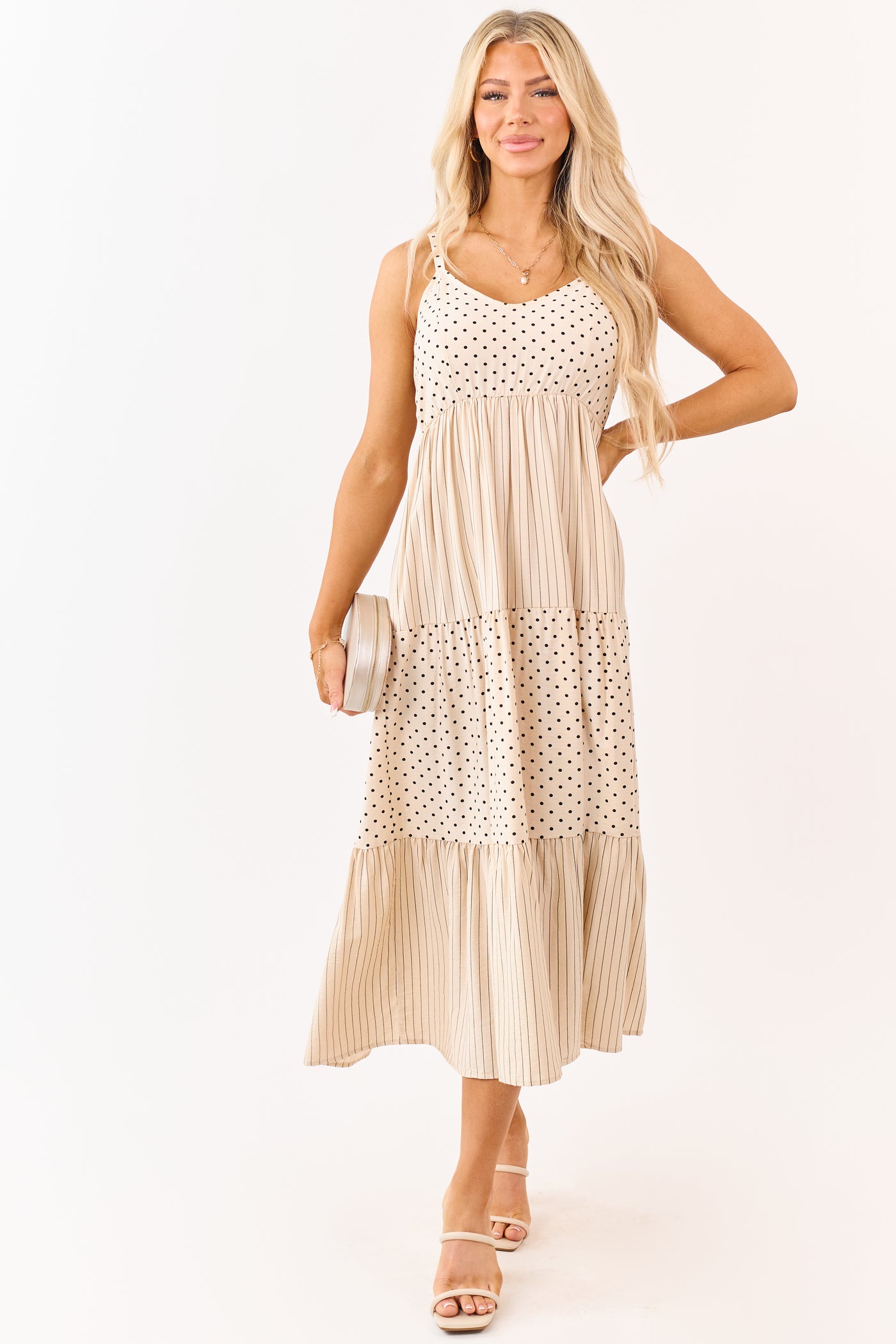 Lovelo Almond Polka Dot and Stripe Tiered Midi Dress