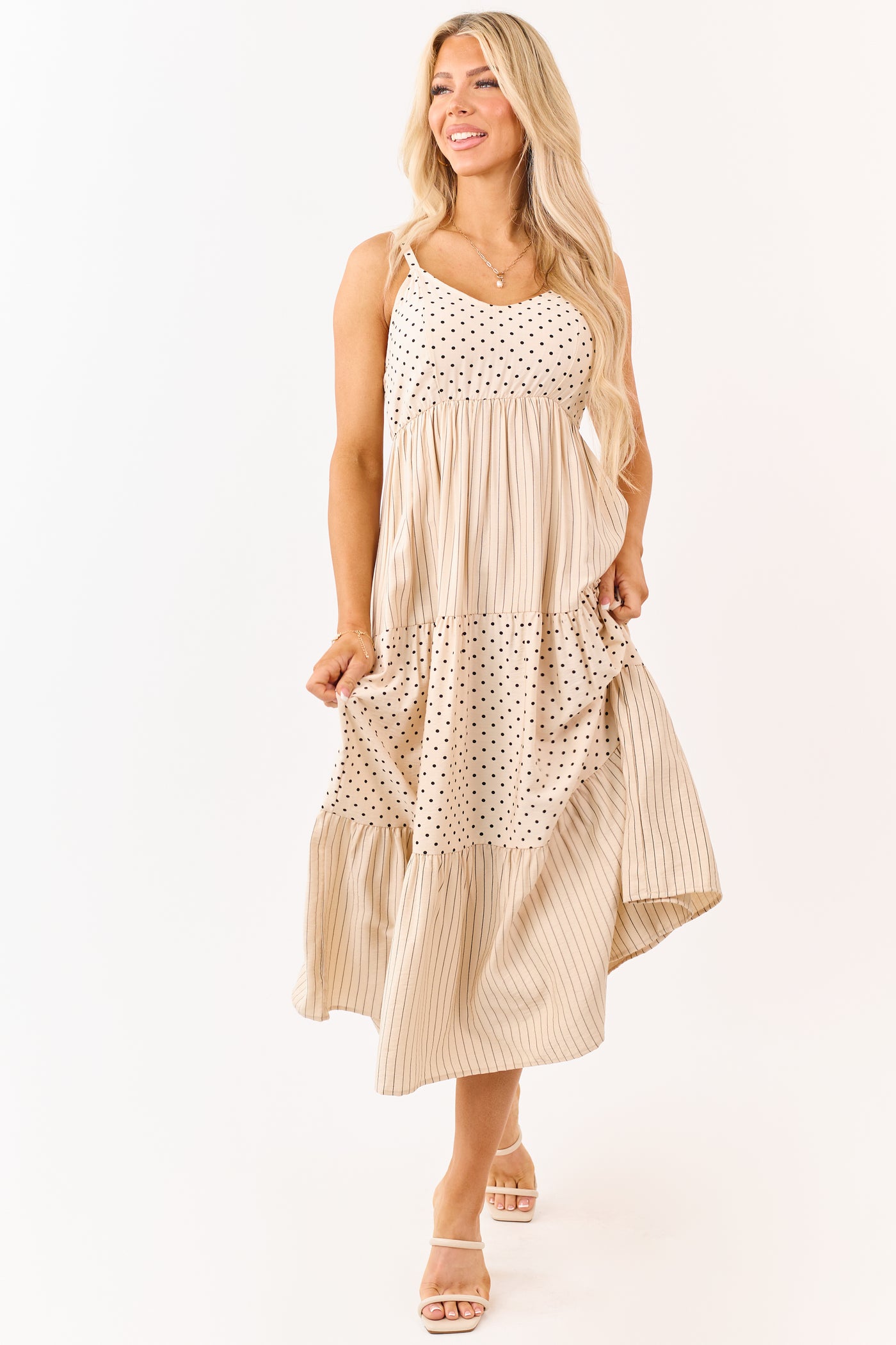 Lovelo Almond Polka Dot and Stripe Tiered Midi Dress