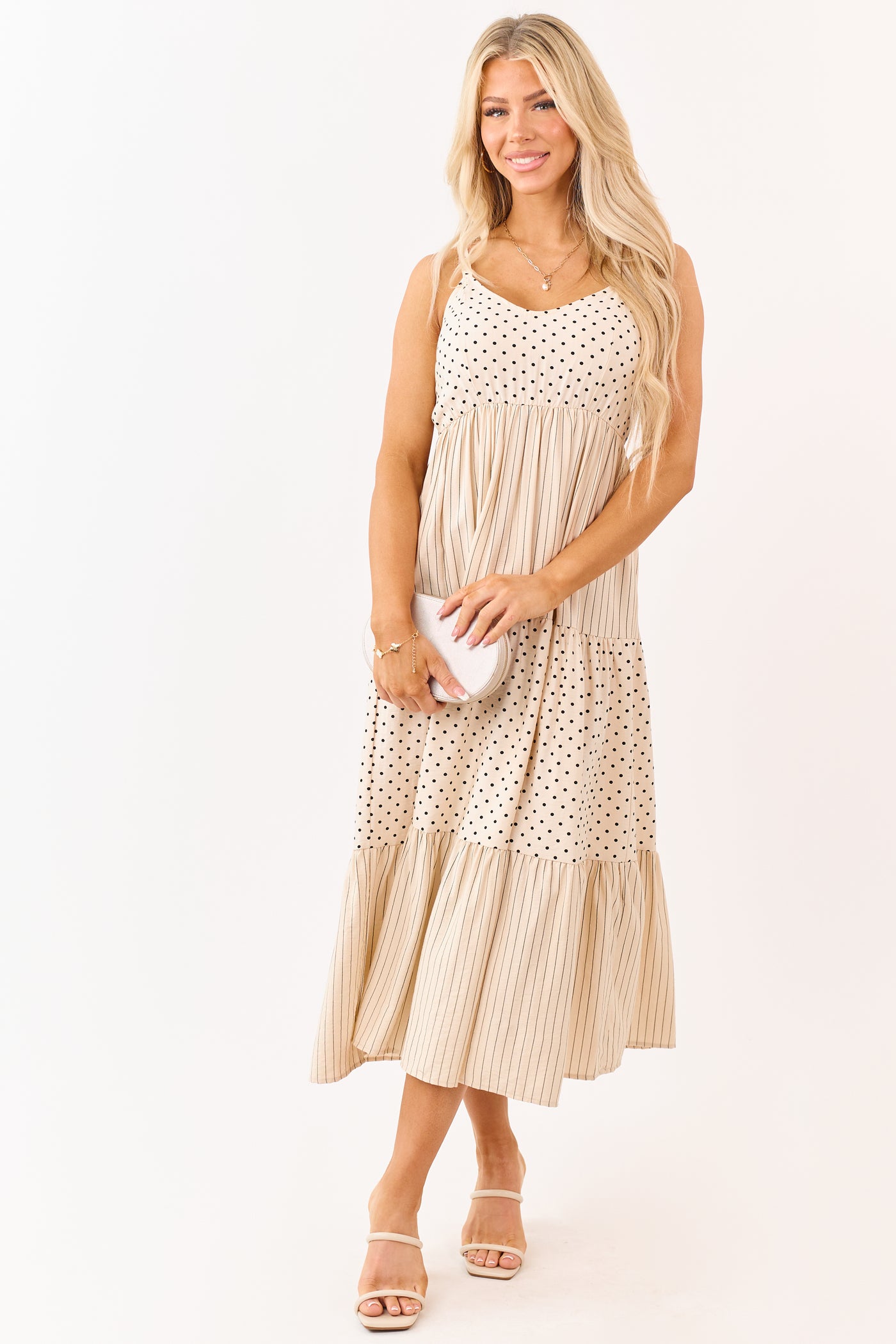 Lovelo Almond Polka Dot and Stripe Tiered Midi Dress