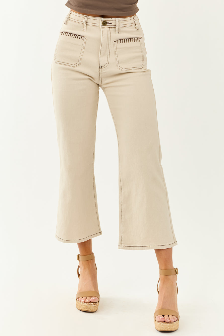 Lovelo Almond Stretchy Denim Crop Wide Flare Pants