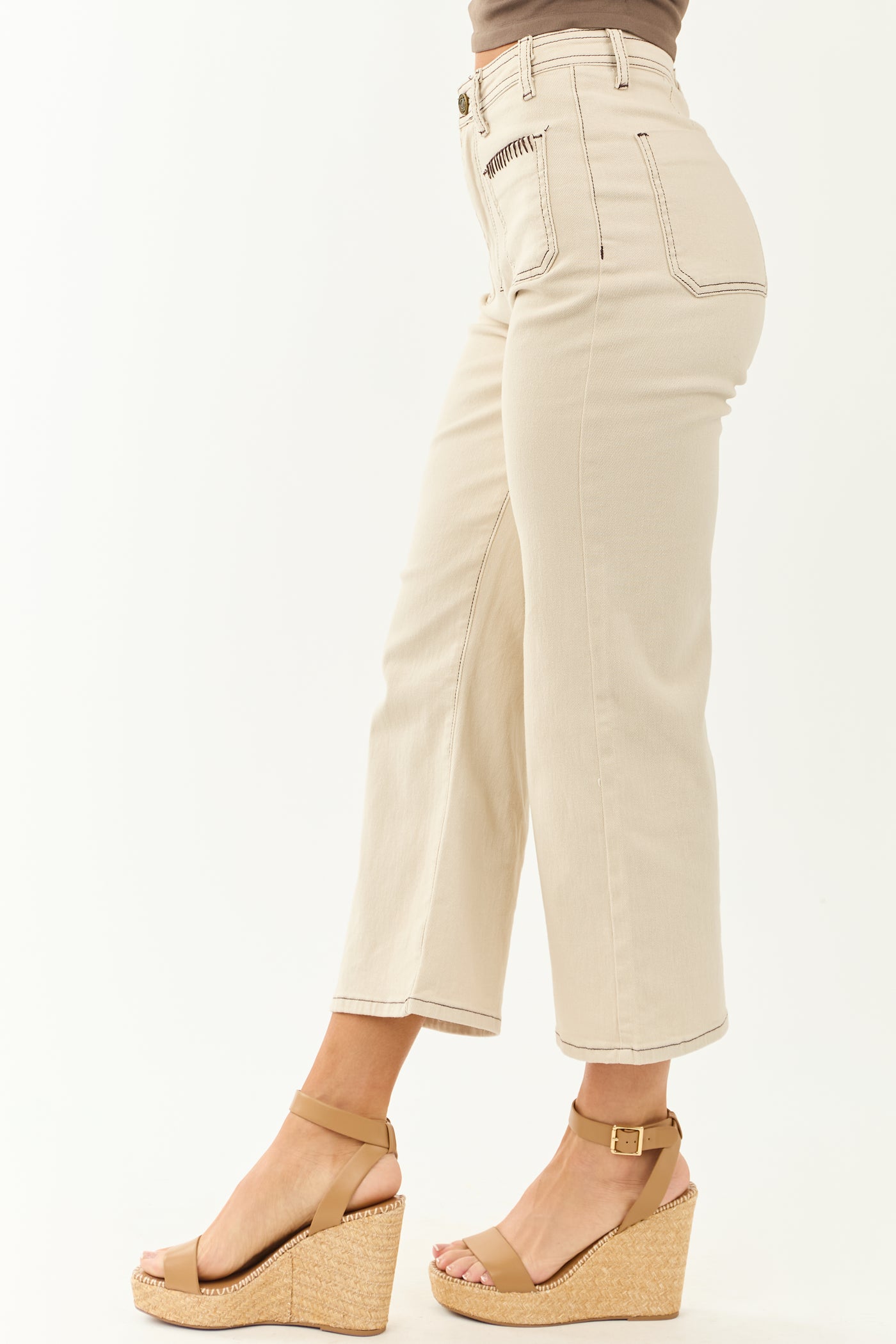 Lovelo Almond Stretchy Denim Crop Wide Flare Pants