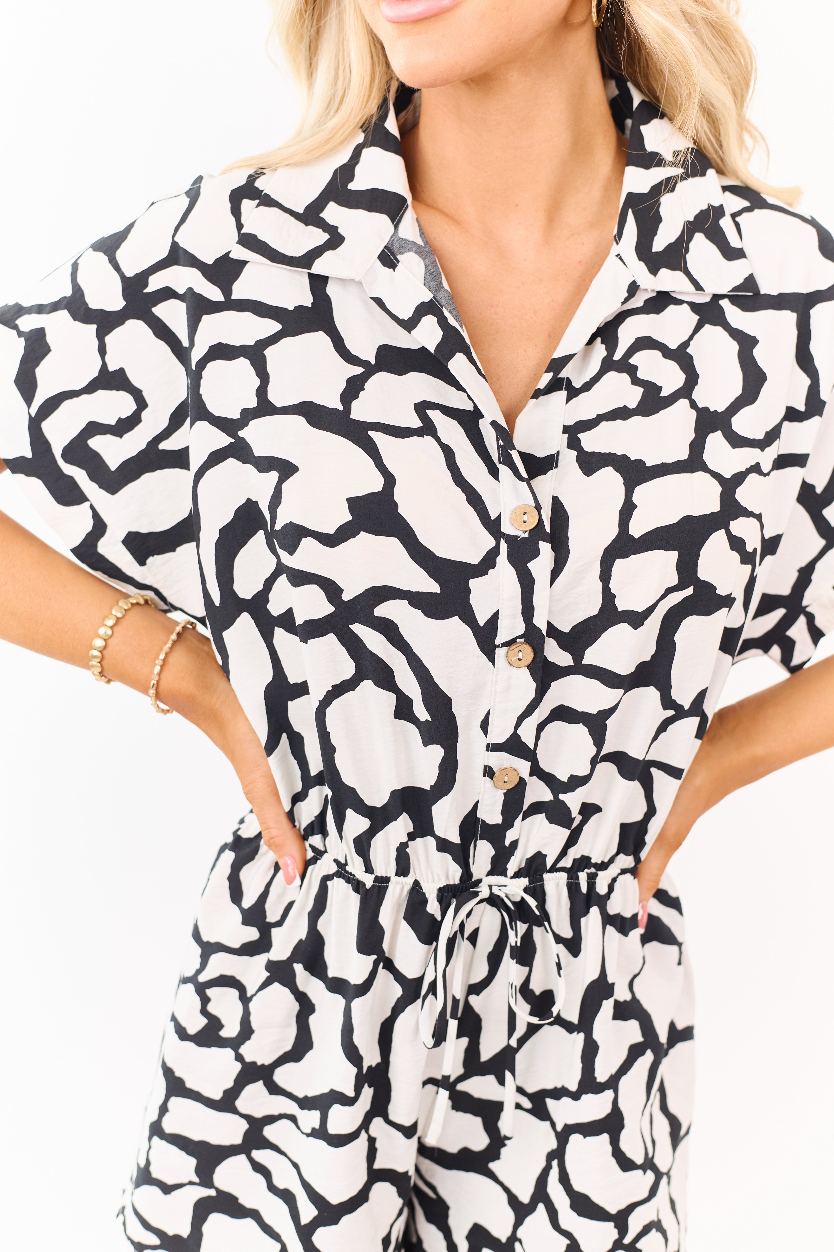 Lovelo Black Abstract Print Button Down Romper
