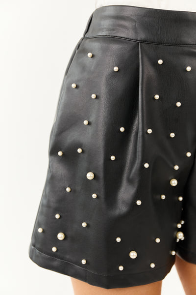 Lovelo Black Faux Leather Pearl Detail Shorts