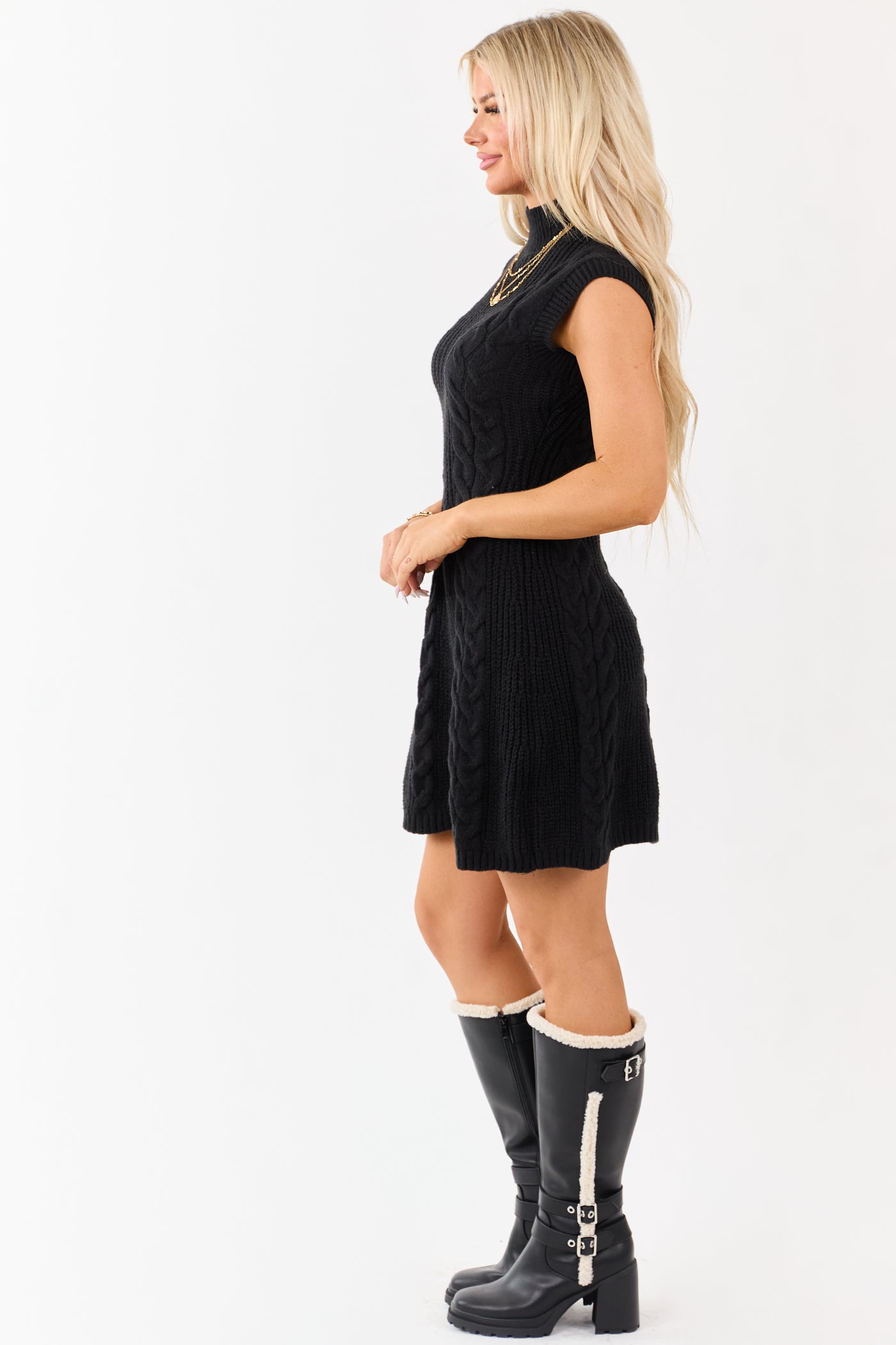 Lovelo Black Mock Neck Cable Sweater Short Dress