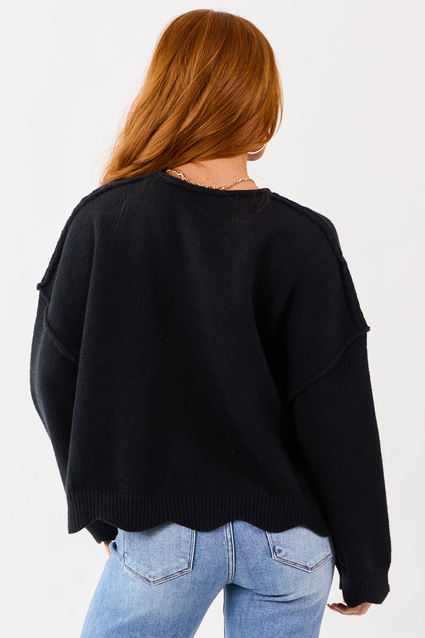 Lovelo Black Scallop Trim Relaxed Sweater