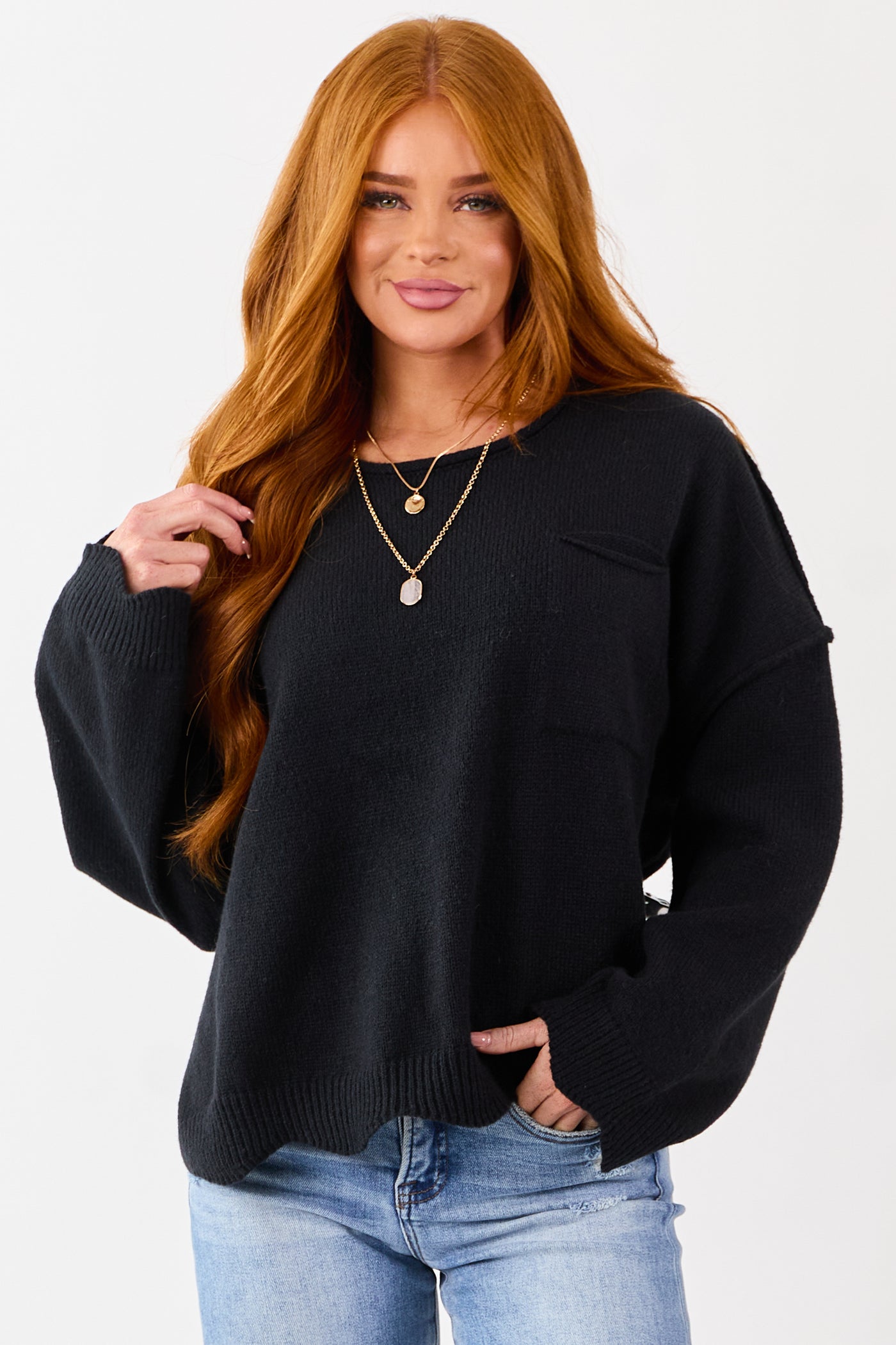 Lovelo Black Scallop Trim Relaxed Sweater