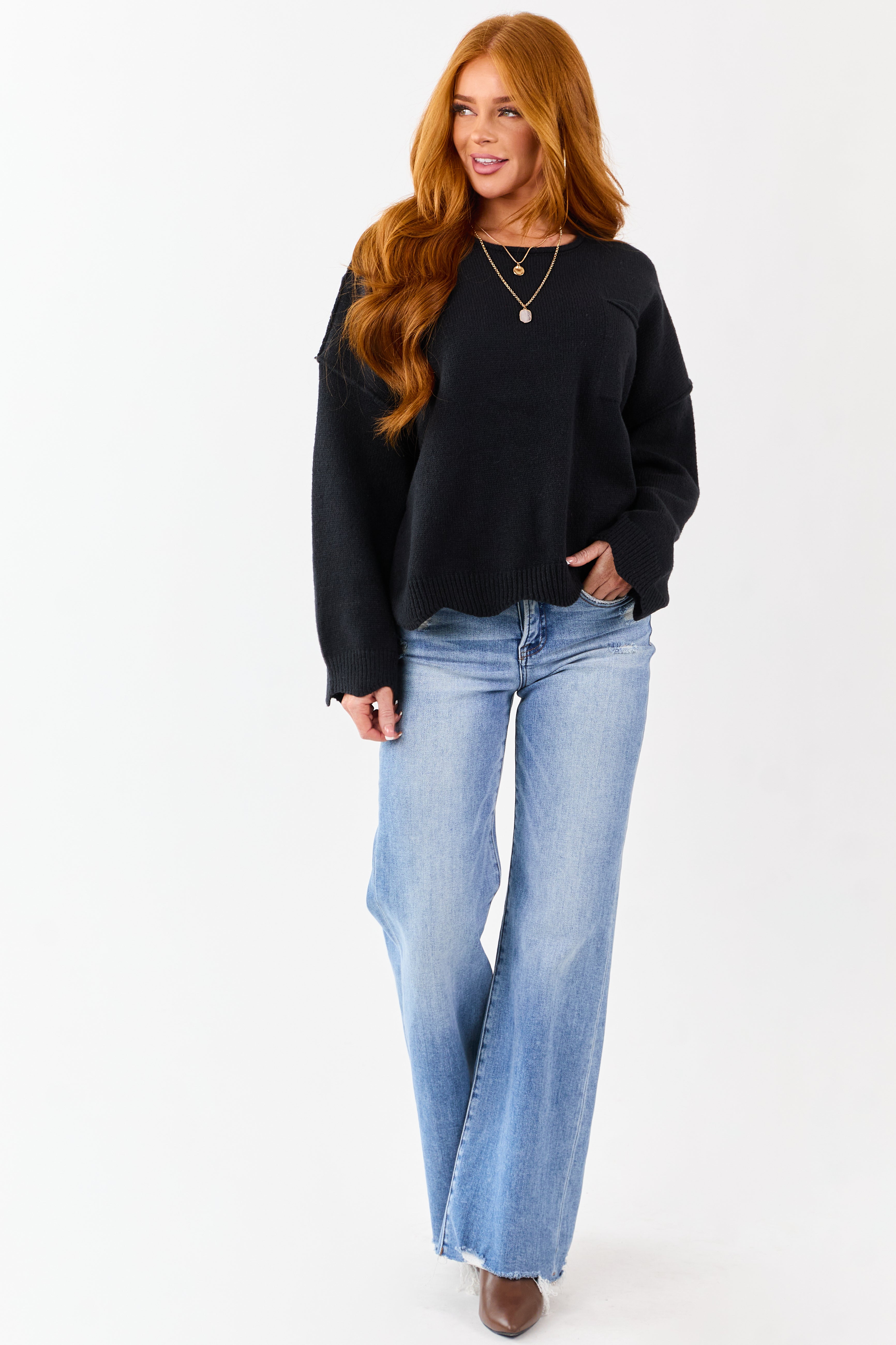 Lovelo Black Scallop Trim Relaxed Sweater