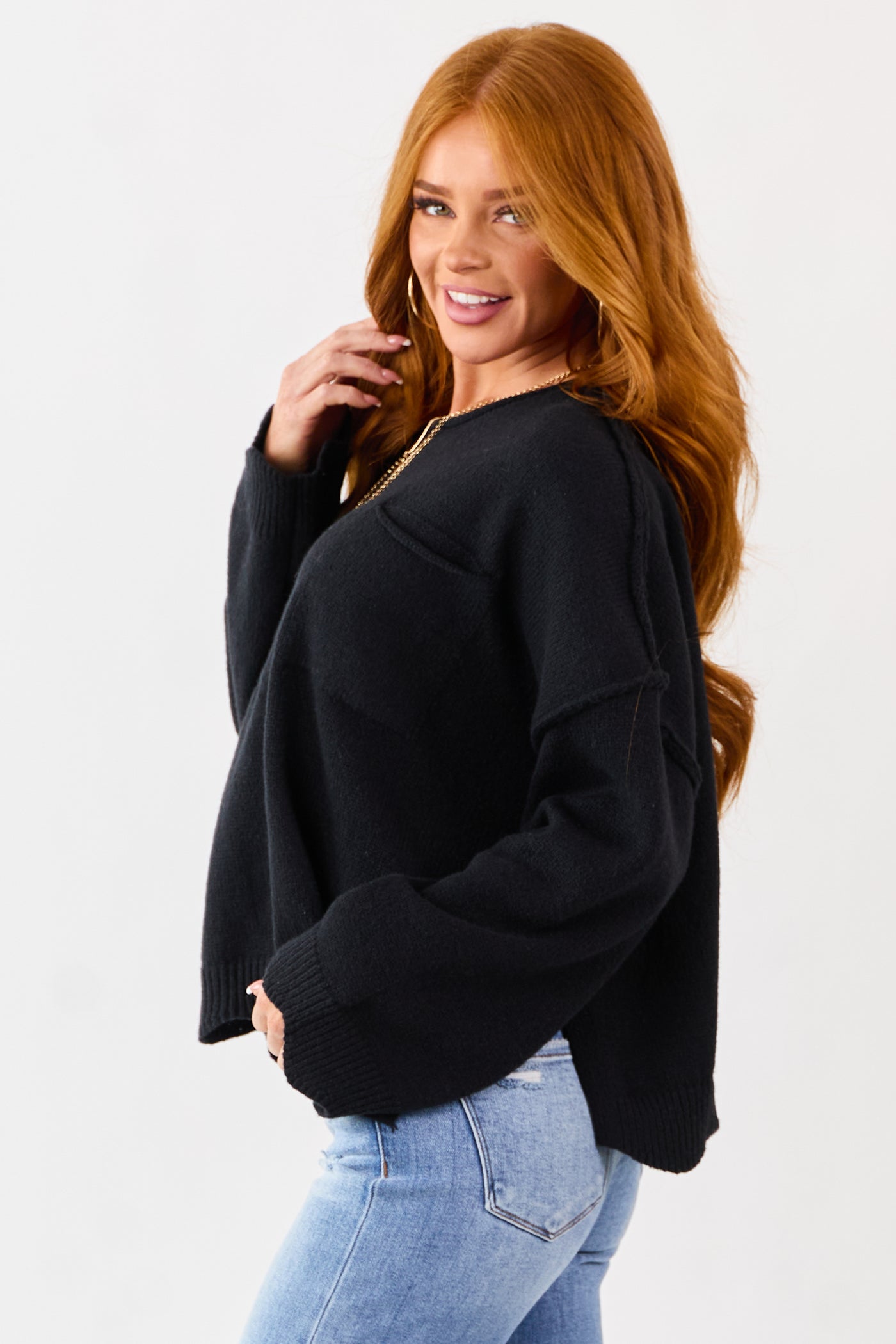 Lovelo Black Scallop Trim Relaxed Sweater