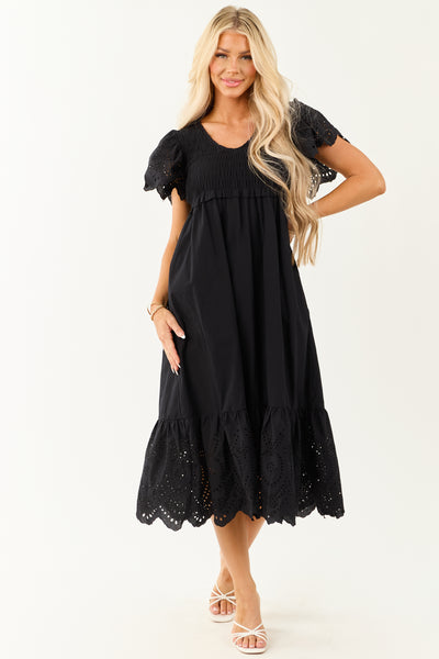 Lovelo Black Smocked Ruffle Sleeve Cotton Midi Dress