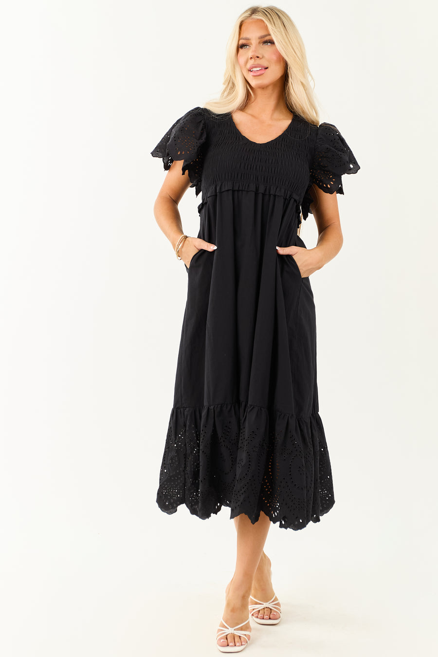 Lovelo Black Smocked Ruffle Sleeve Cotton Midi Dress
