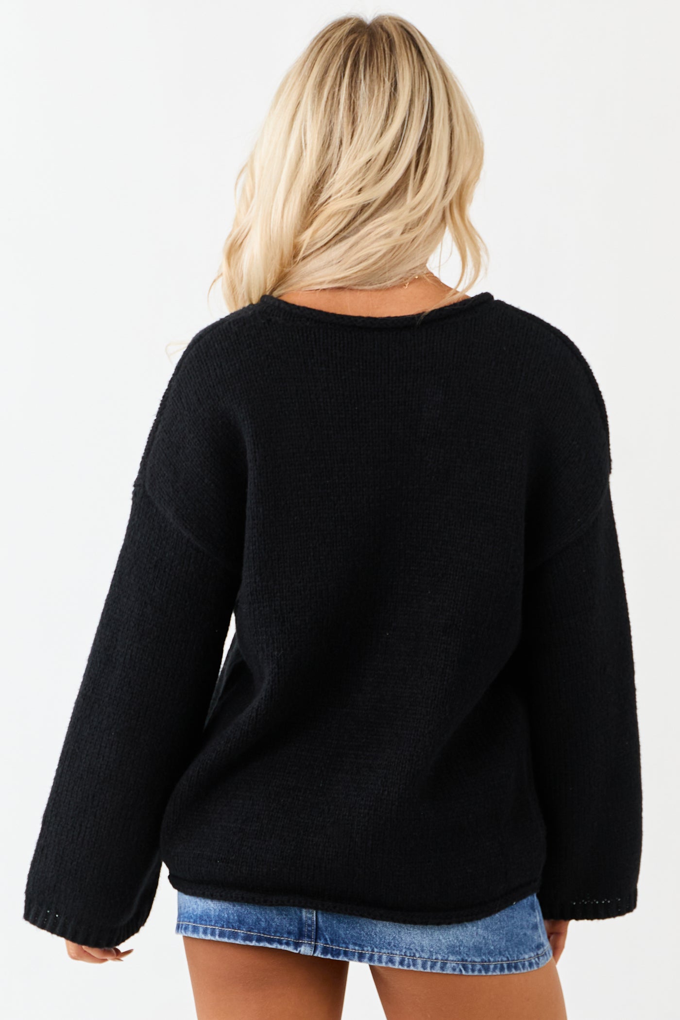 Lovelo Black V Neck Long Sleeve Chunky Knit Sweater