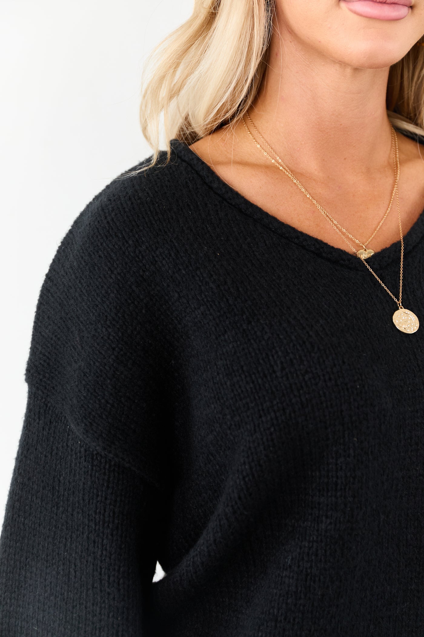 Lovelo Black V Neck Long Sleeve Chunky Knit Sweater