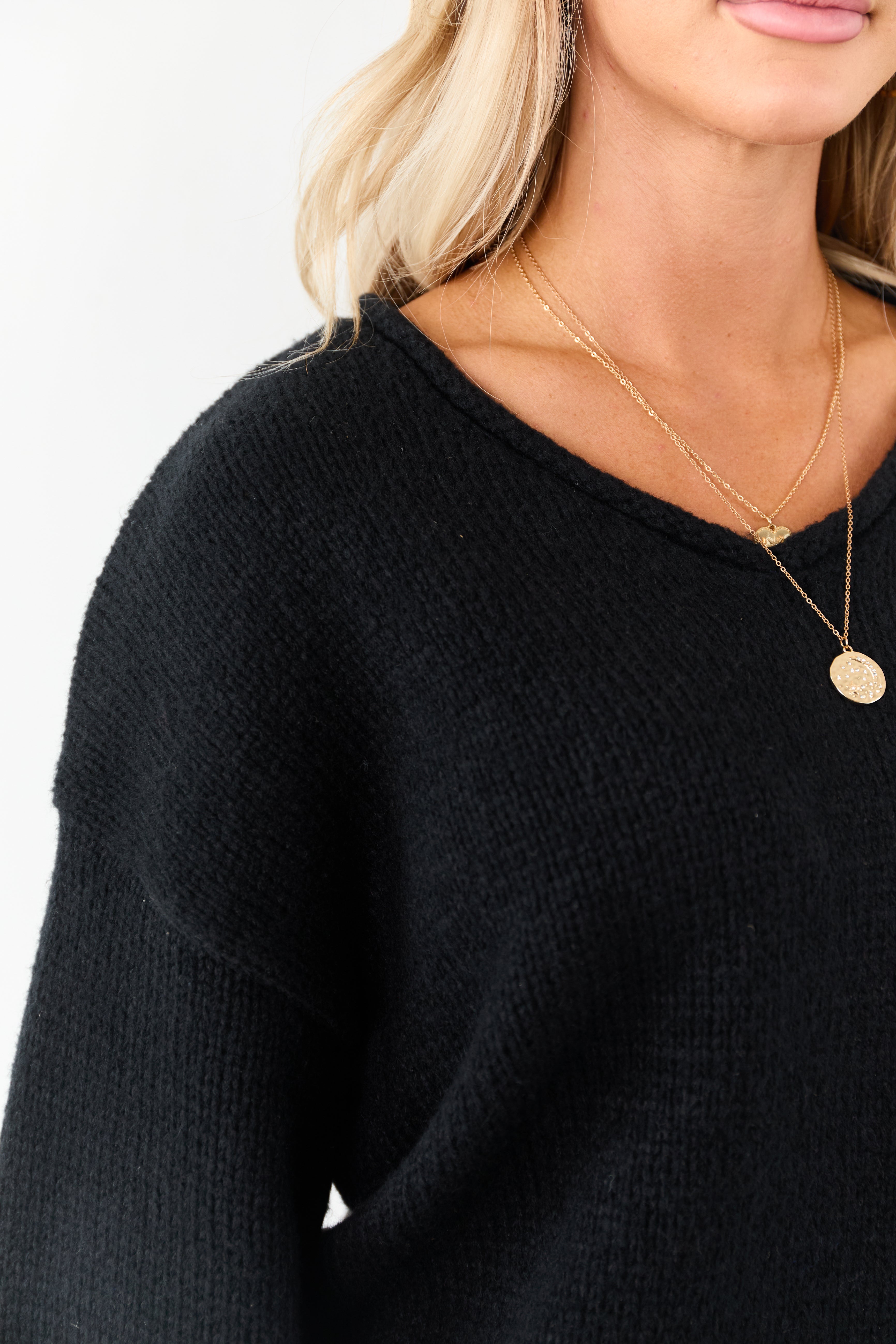 Lovelo Black V Neck Long Sleeve Chunky Knit Sweater