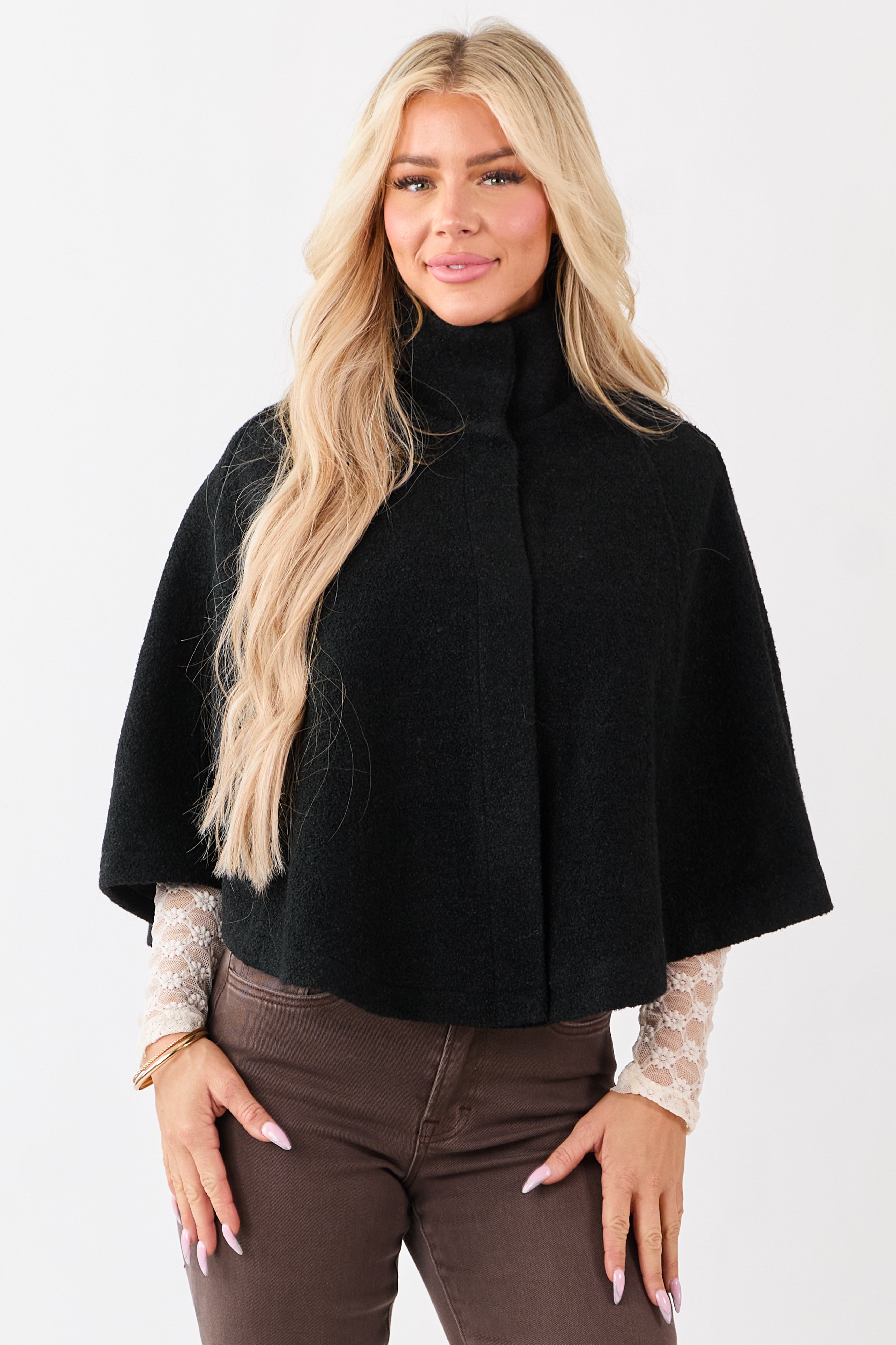 Lovelo Black Wool Blend Snap Button Cape Jacket | Lime Lush Boutique