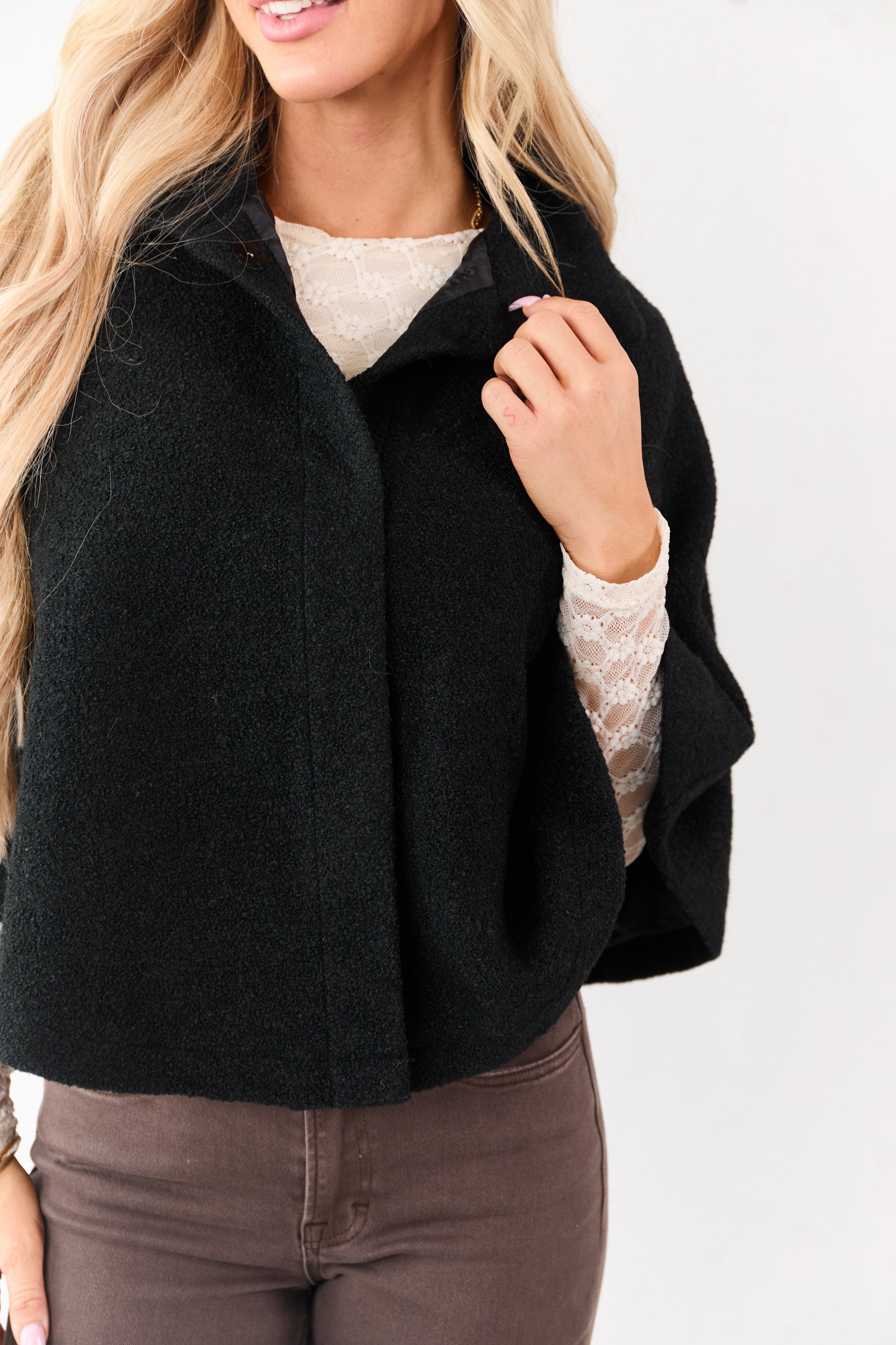 Lovelo Black Wool Blend Snap Button Cape Jacket | Lime Lush Boutique