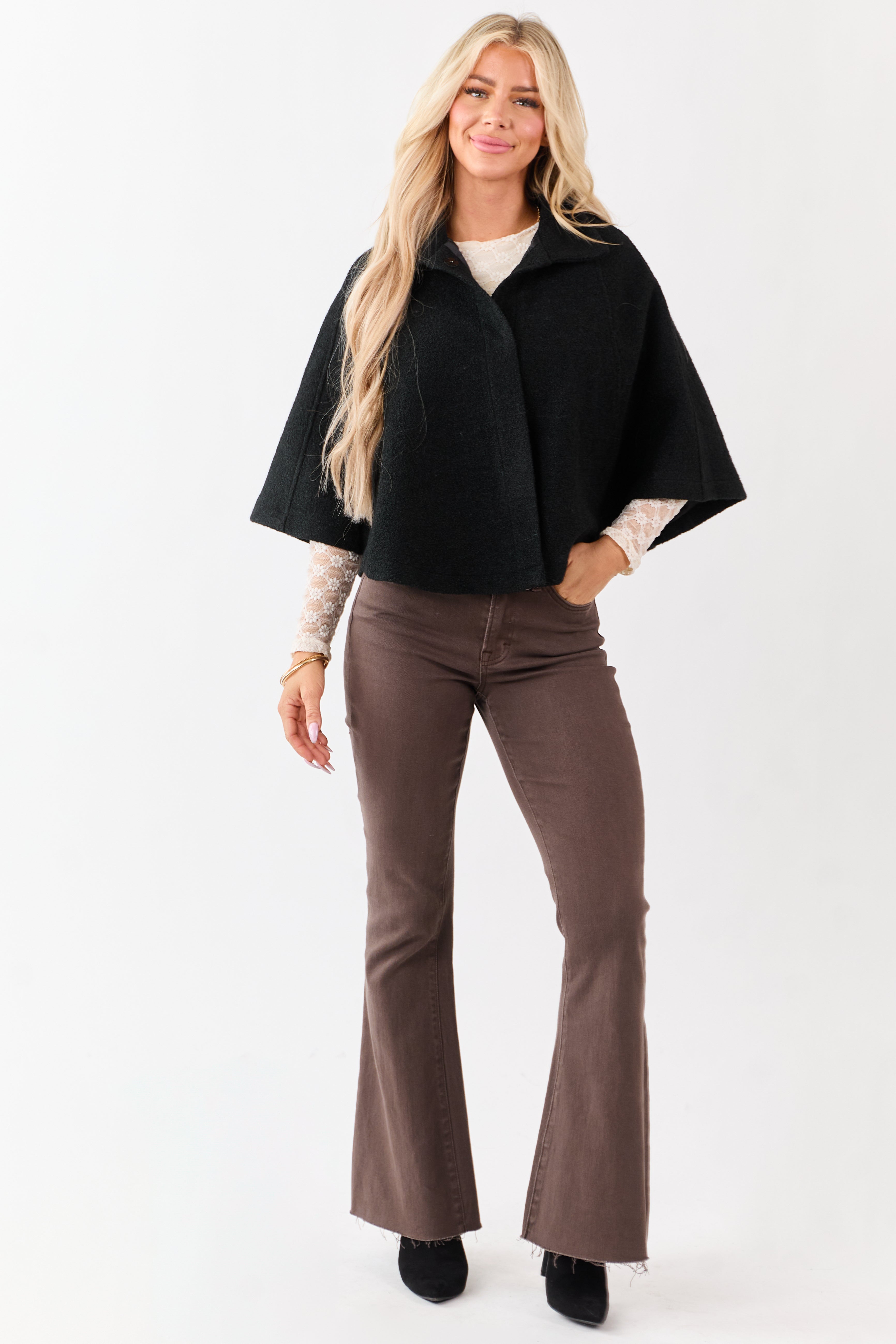 Lovelo Black Wool Blend Snap Button Cape Jacket | Lime Lush Boutique