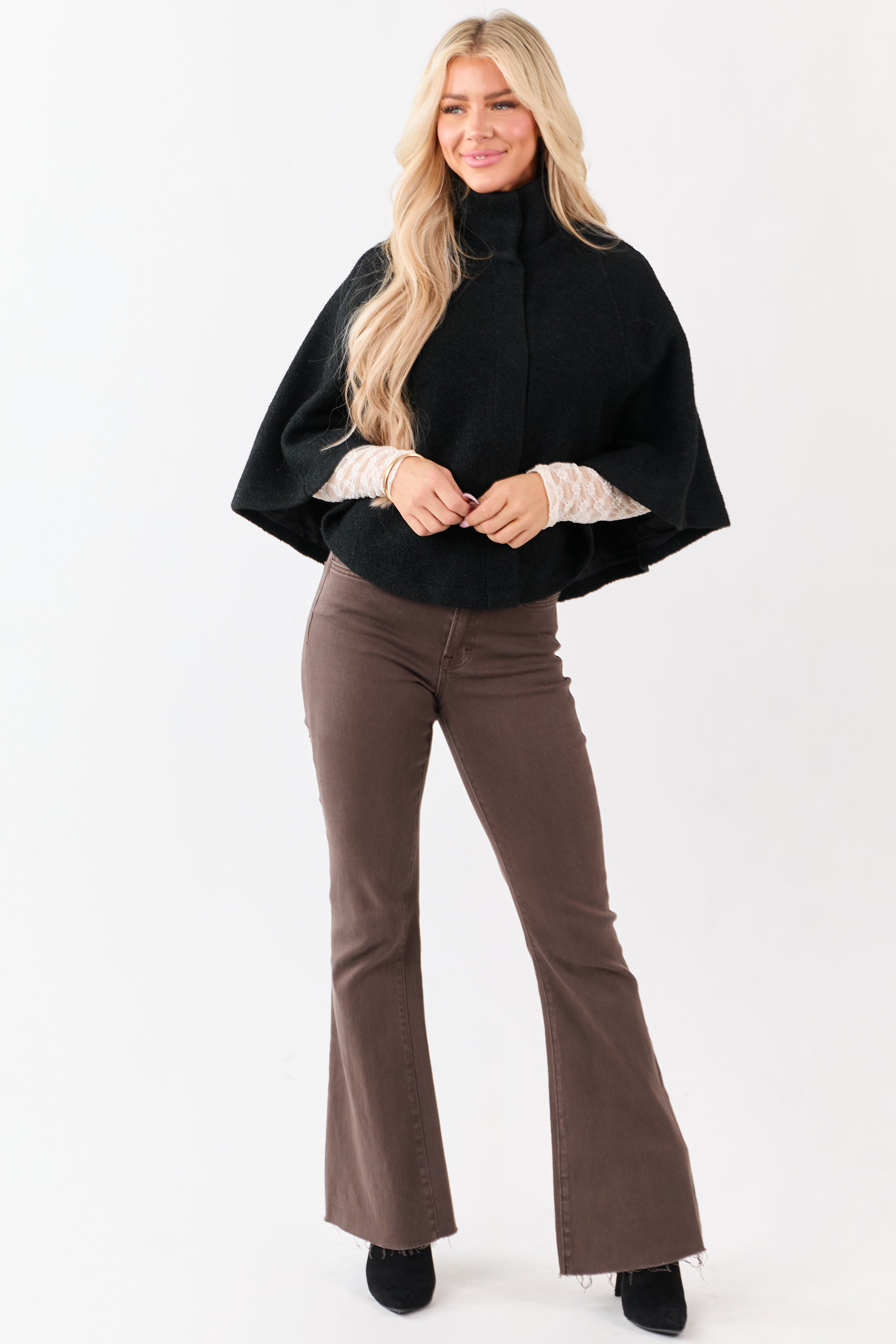Lovelo Black Wool Blend Snap Button Cape Jacket | Lime Lush Boutique