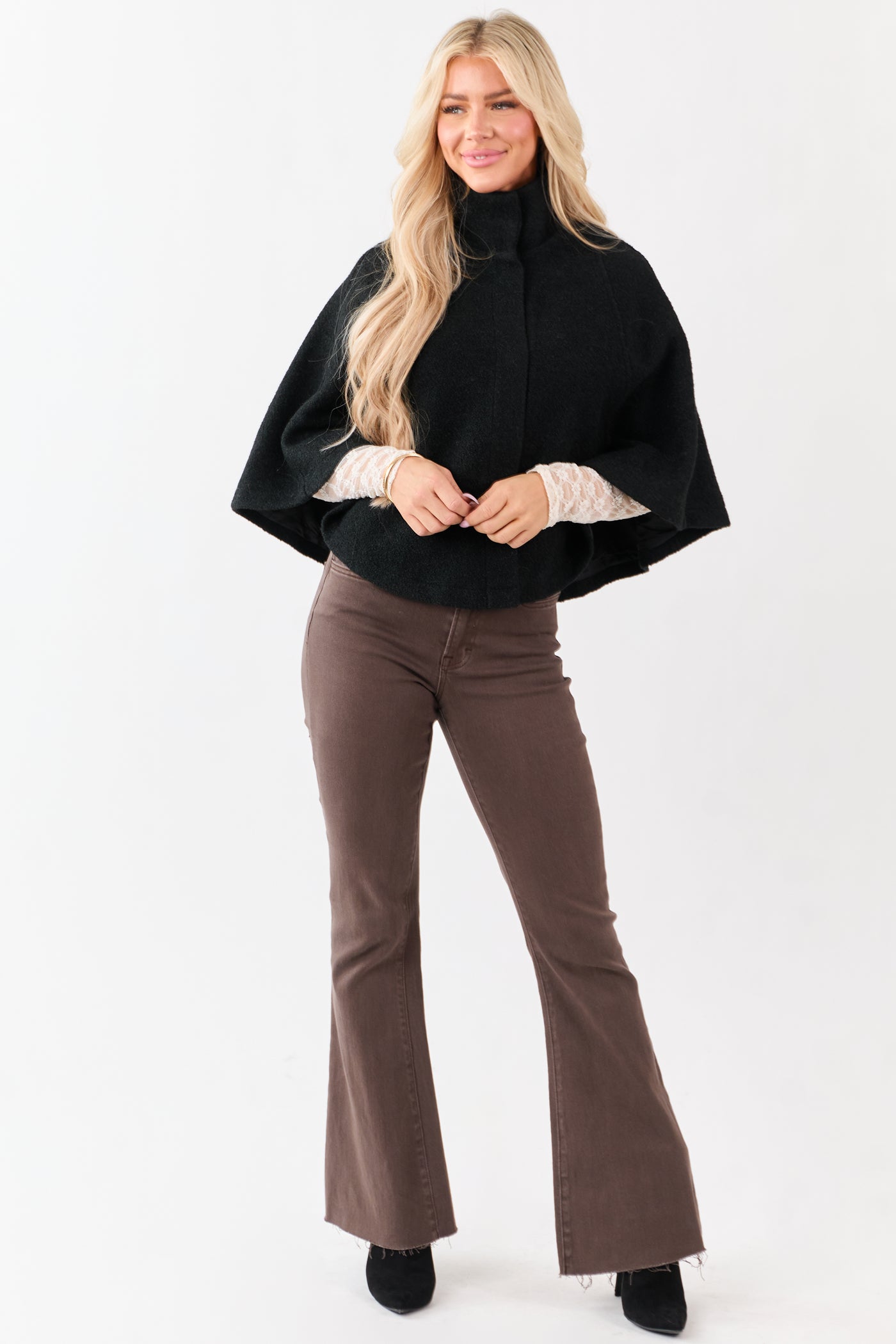 Lovelo Black Wool Blend Snap Button Cape Jacket