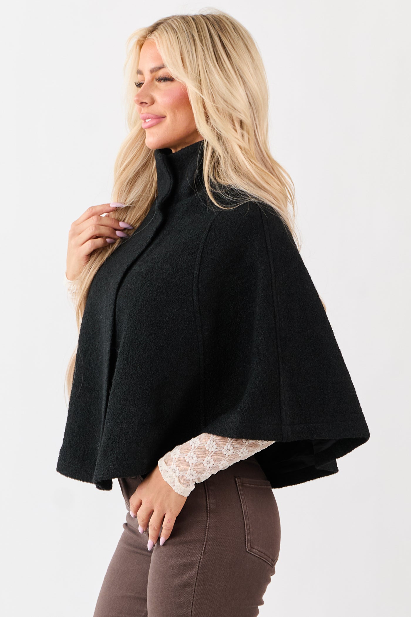 Lovelo Black Wool Blend Snap Button Cape Jacket