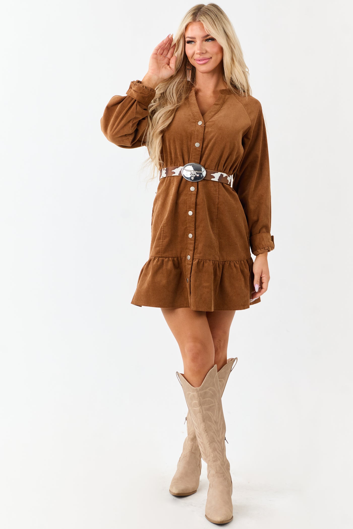 Lovelo Brown Sugar Long Sleeve Corduroy Short Dress