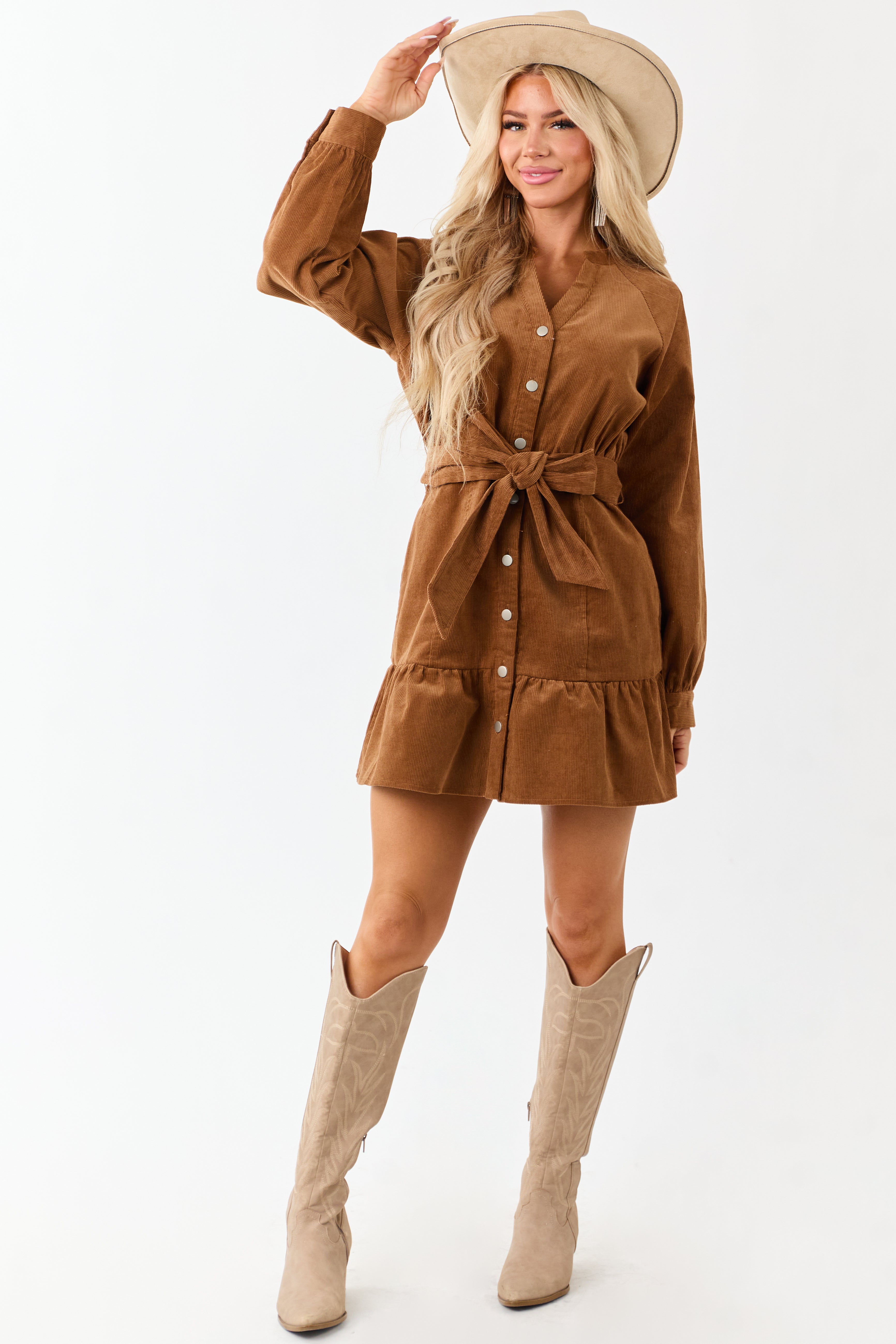 Lovelo Brown Sugar Long Sleeve Corduroy Short Dress