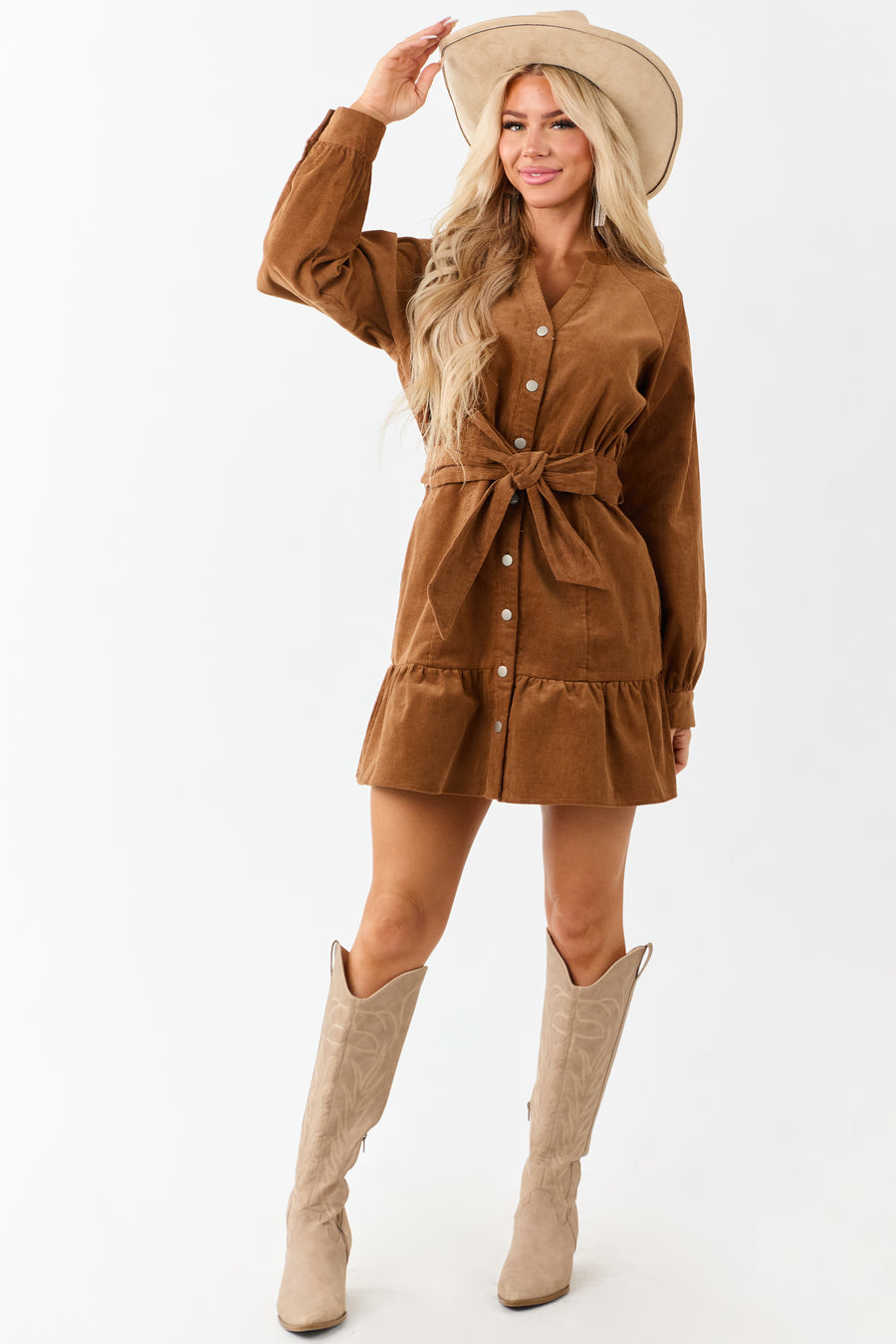 Lovelo Brown Sugar Long Sleeve Corduroy Short Dress