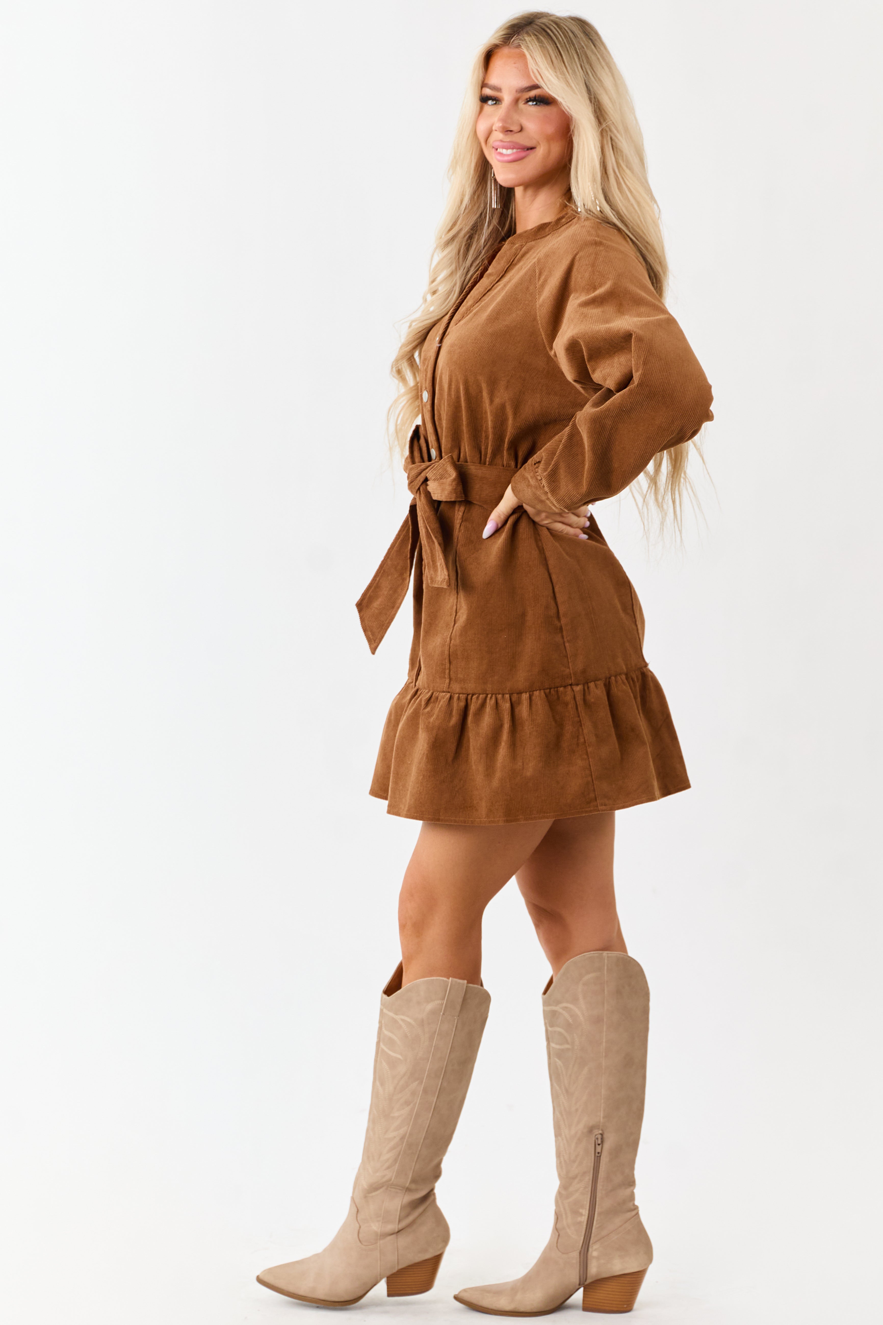 Lovelo Brown Sugar Long Sleeve Corduroy Short Dress