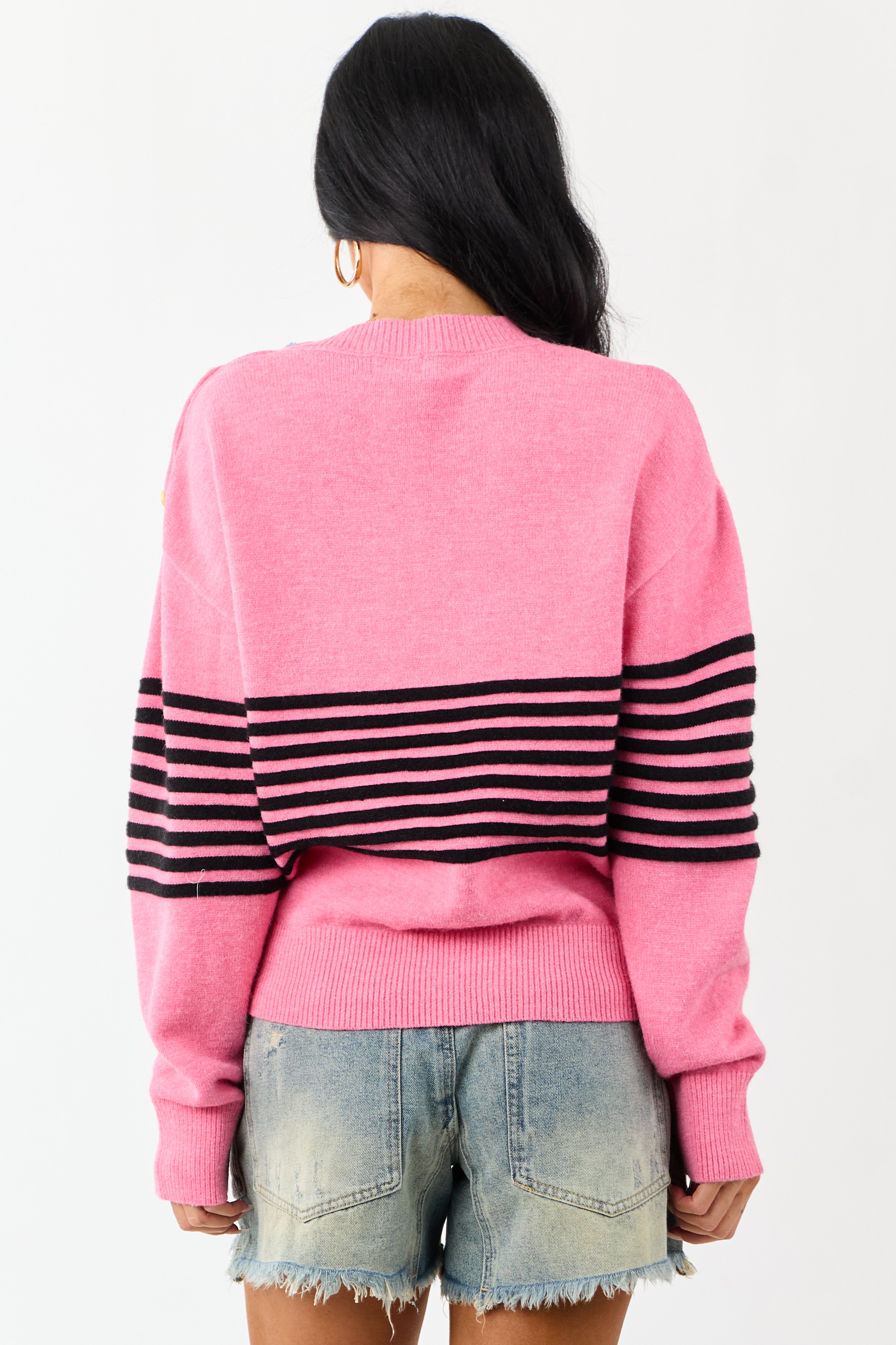 Lovelo Bubblegum Striped Button Detail Sweater