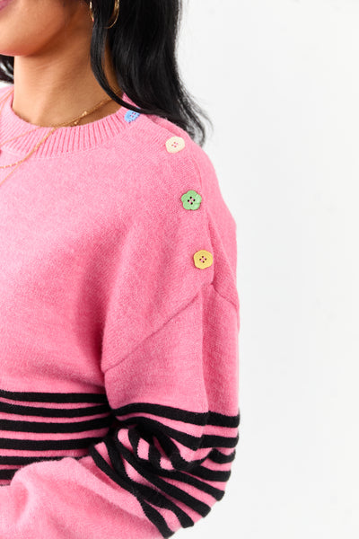 Lovelo Bubblegum Striped Button Detail Sweater