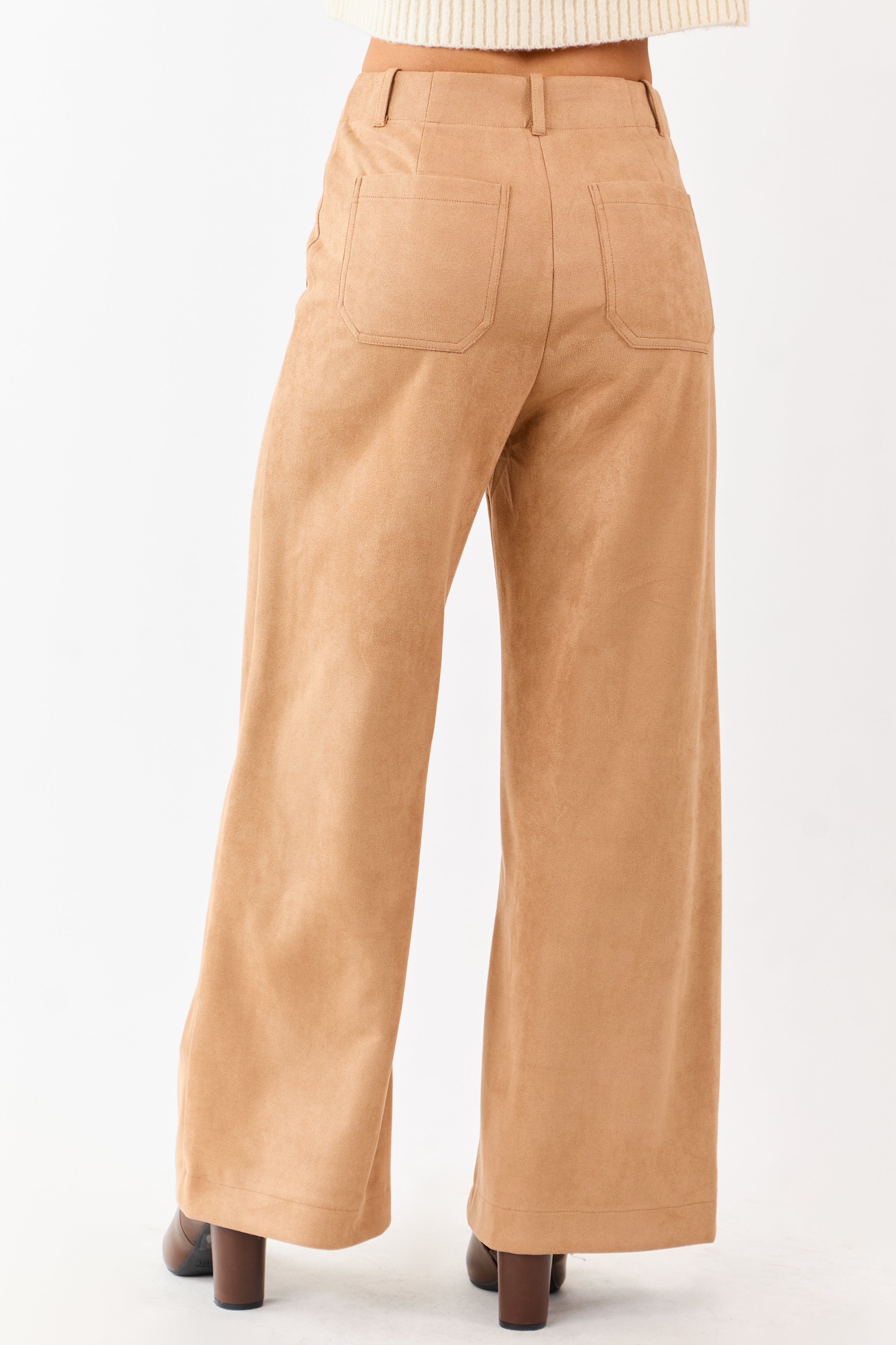 Lovelo Camel Faux Suede Patch Pocket Wide Leg Pants