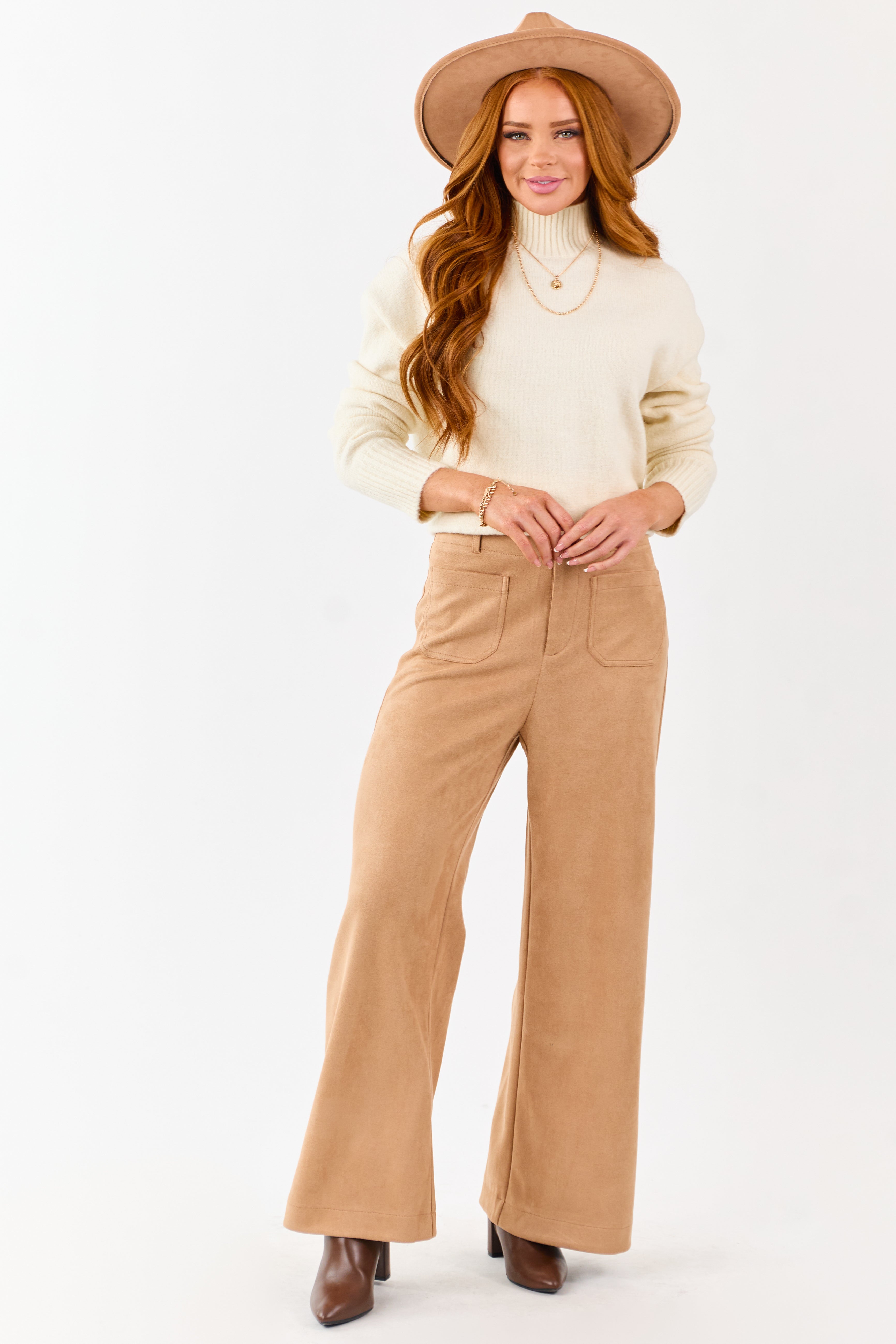 Lovelo Camel Faux Suede Patch Pocket Wide Leg Pants