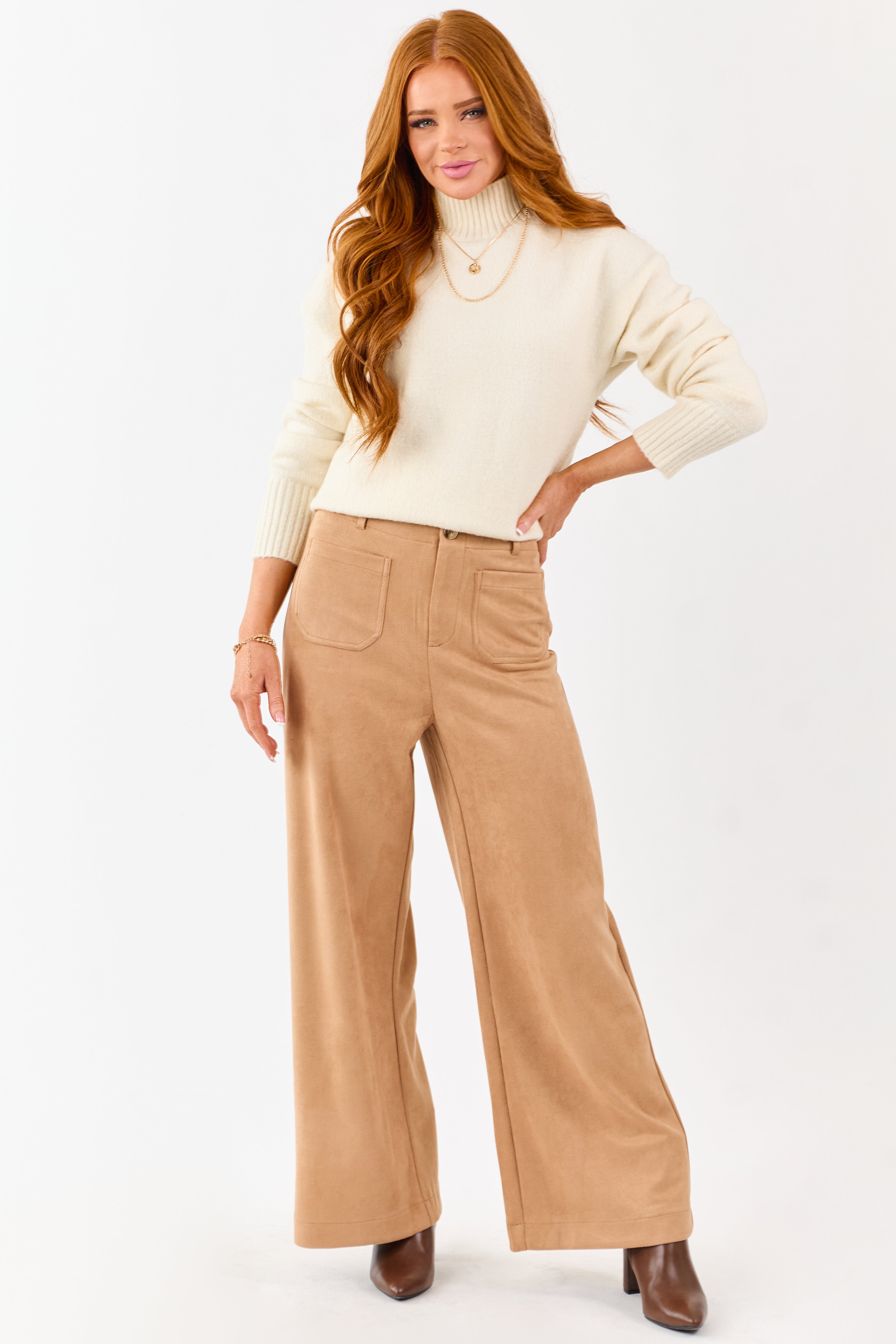 Lovelo Camel Faux Suede Patch Pocket Wide Leg Pants | Lime Lush