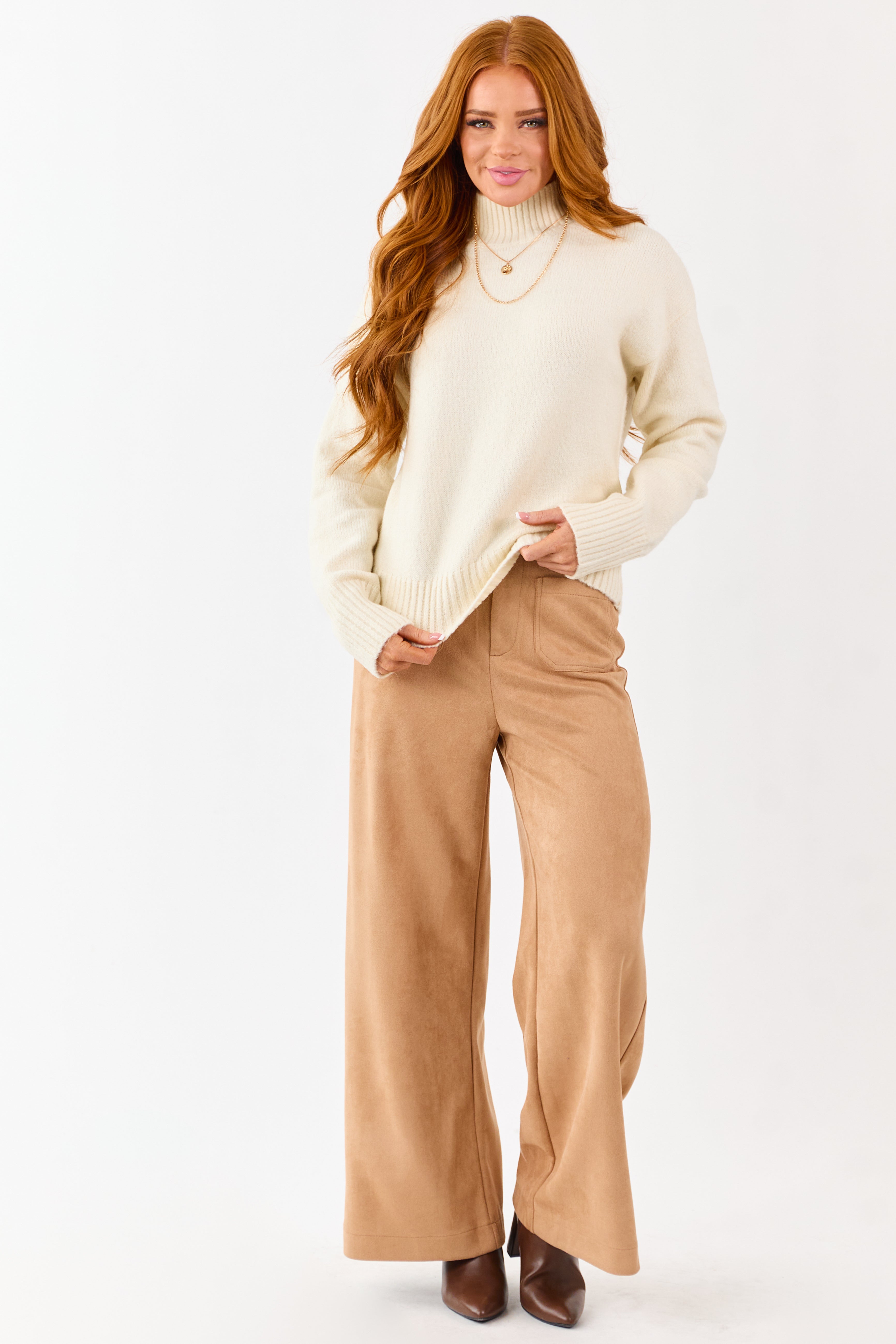 Lovelo Camel Faux Suede Patch Pocket Wide Leg Pants | Lime Lush