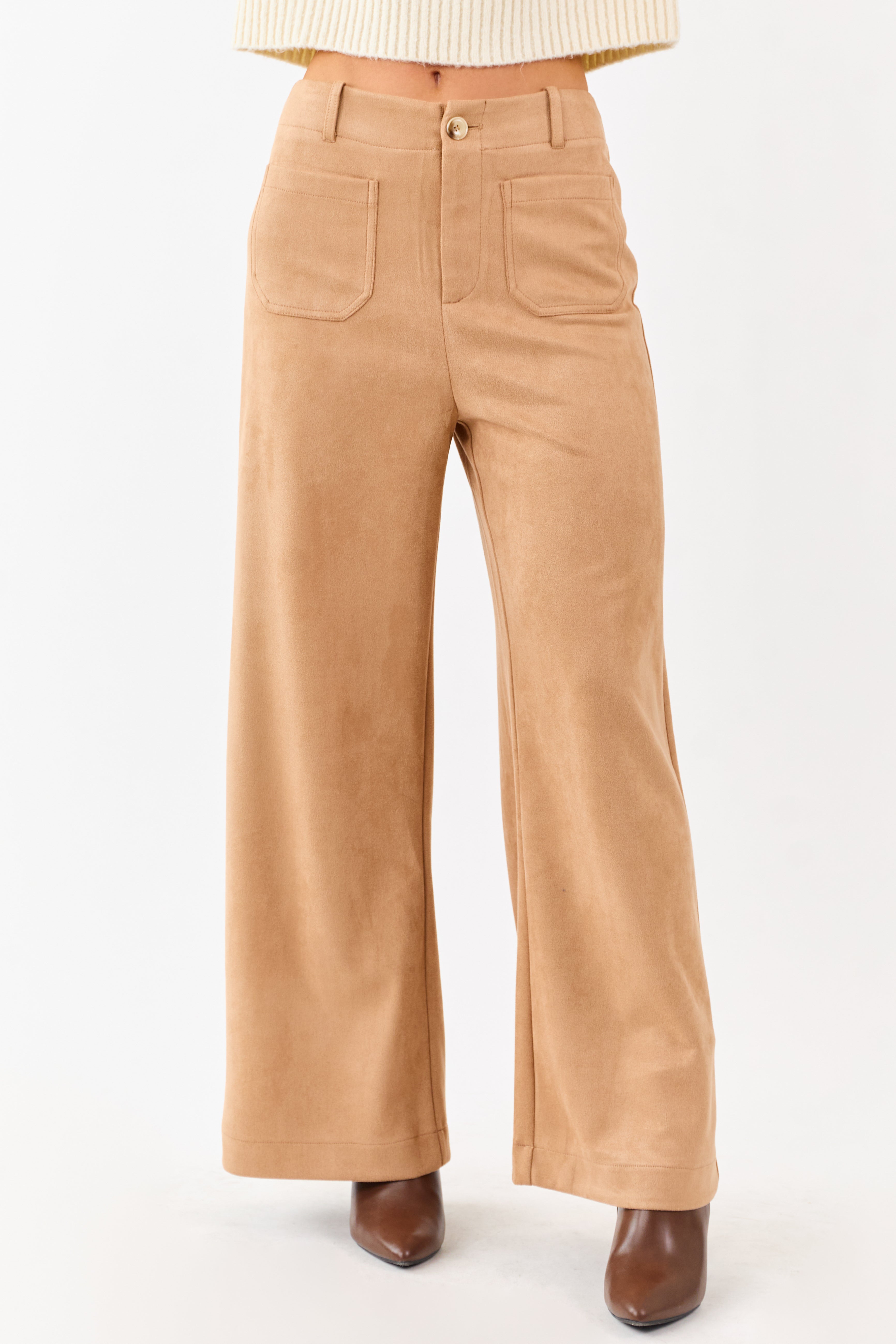 Lovelo Camel Faux Suede Patch Pocket Wide Leg Pants