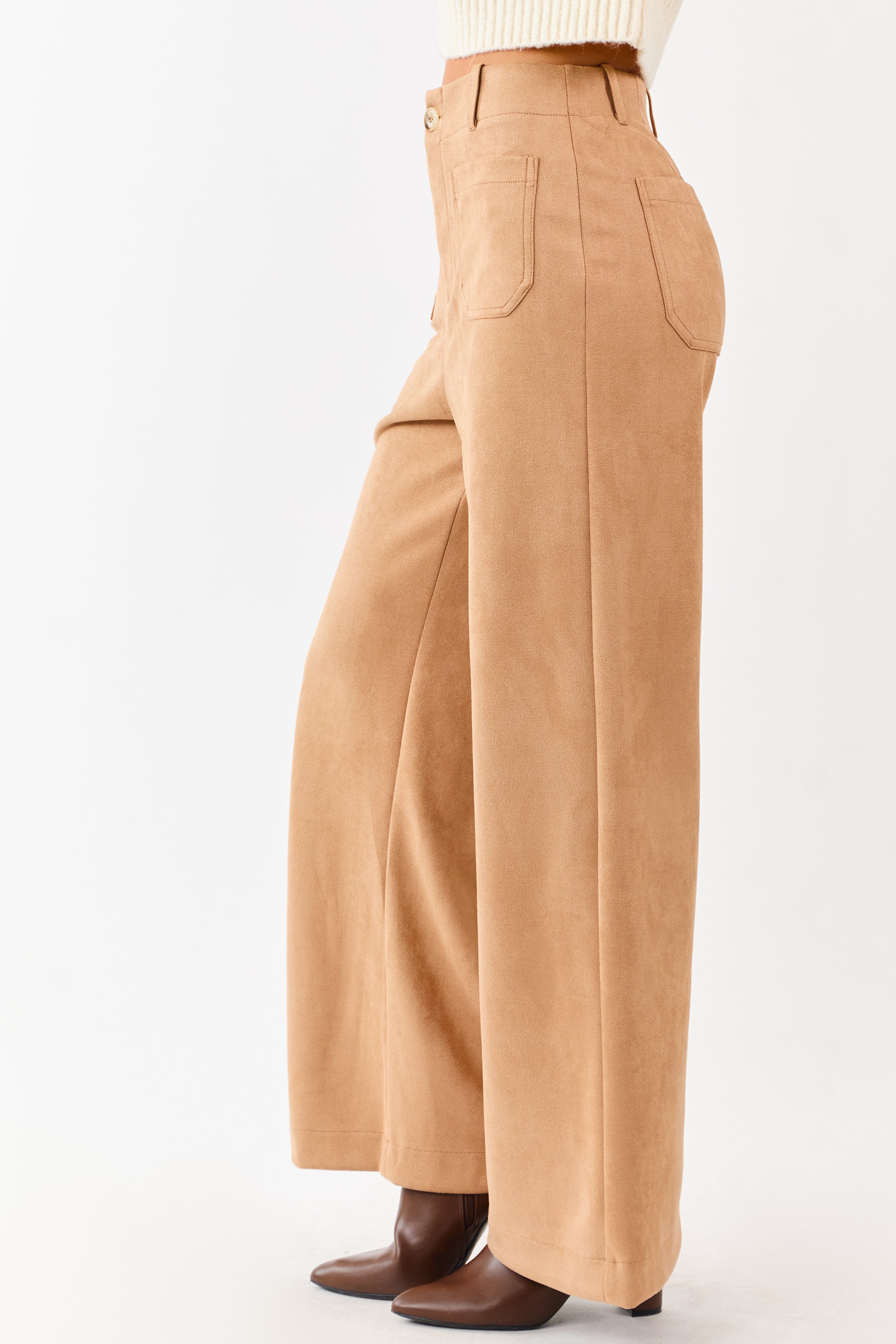 Lovelo Camel Faux Suede Patch Pocket Wide Leg Pants