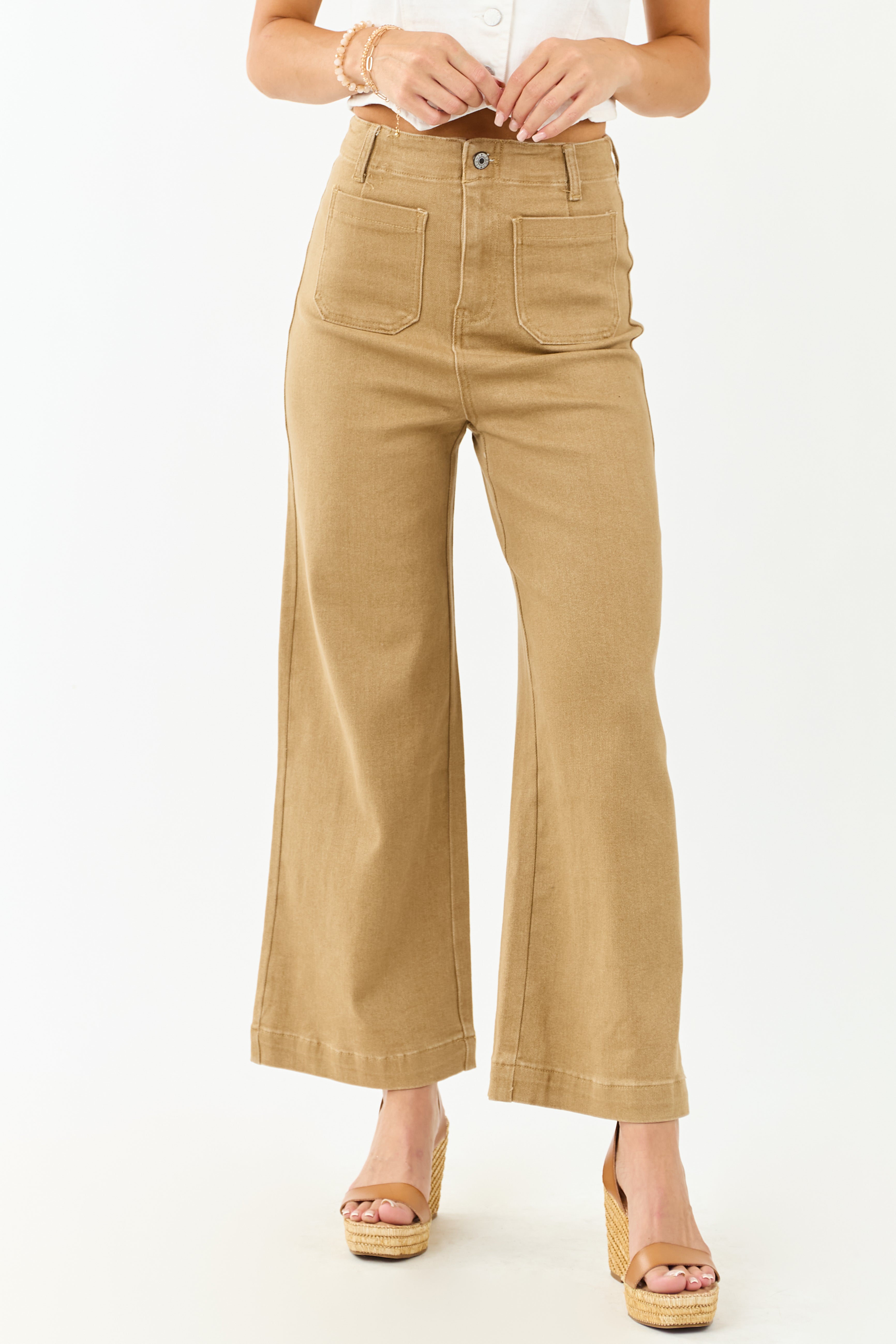 Lovelo Camel Patch Pocket High Rise Wide Leg Jeans | Lime Lush
