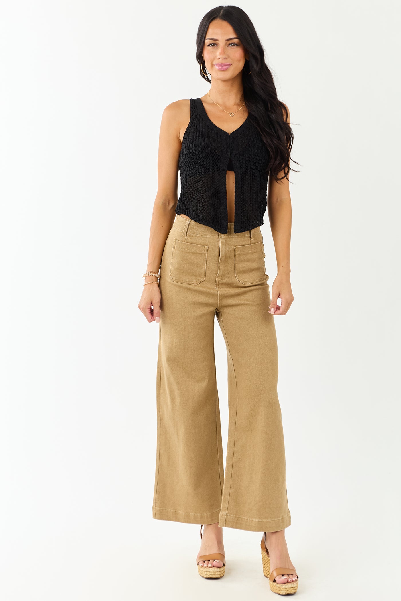 Lovelo Camel Patch Pocket High Rise Wide Leg Jeans