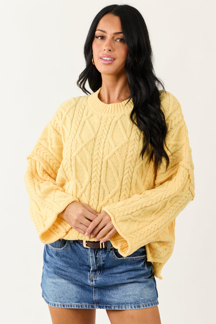 Lovelo Canary Yellow Cable Knit Relaxed Sweater