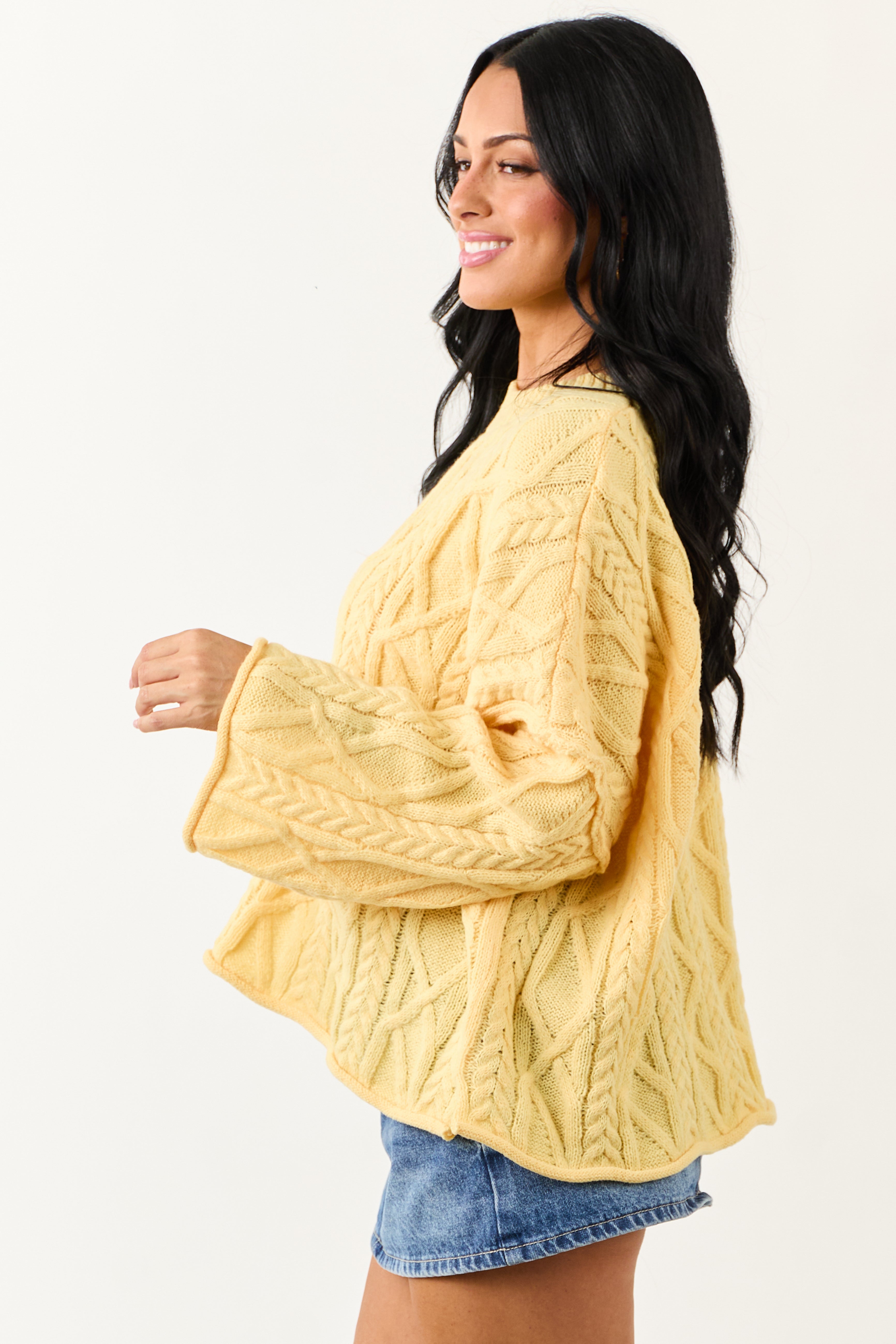 Lovelo Canary Yellow Cable Knit Relaxed Sweater