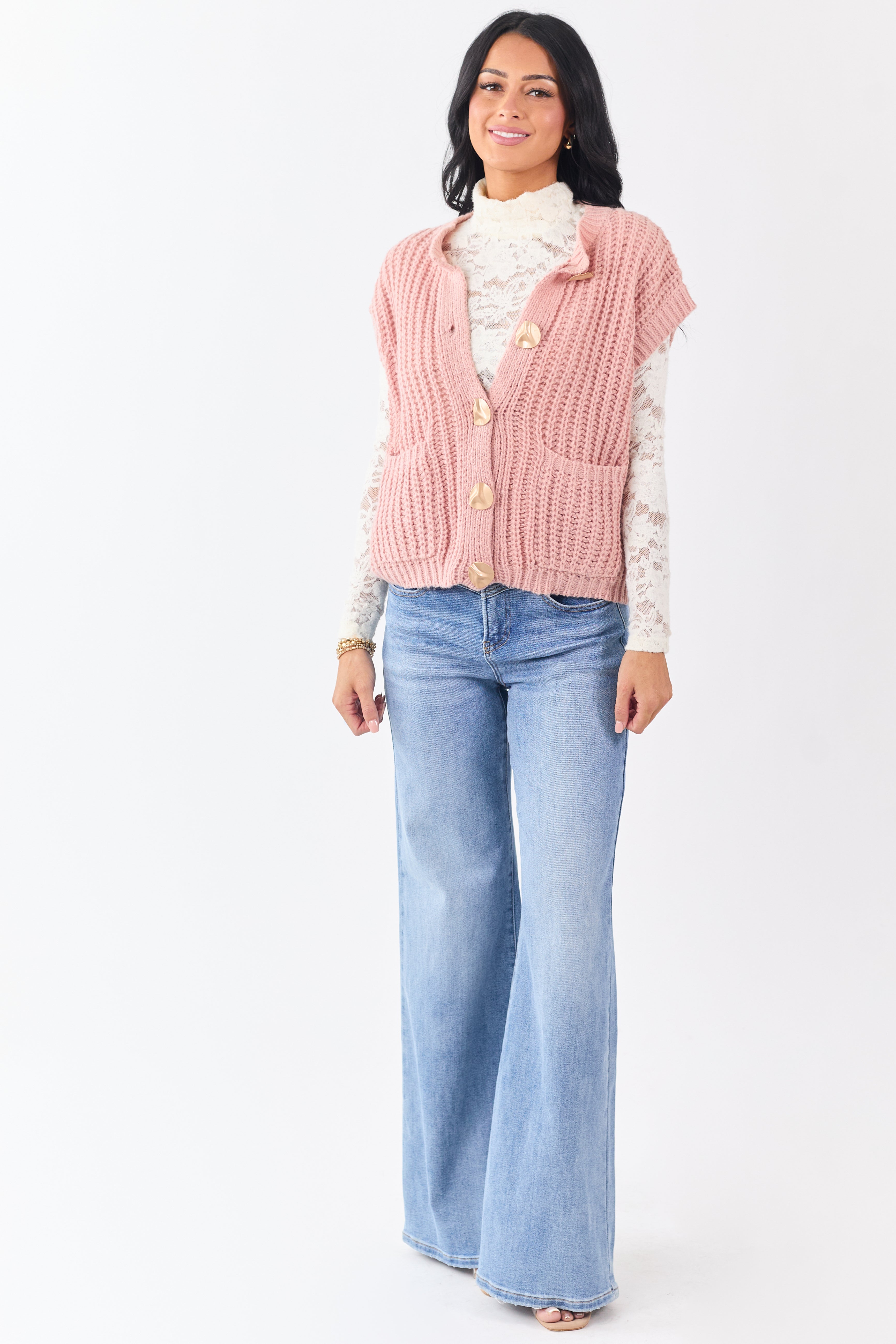 Lovelo Cherry Blossom Button Up Sweater Vest | Lime Lush Boutique