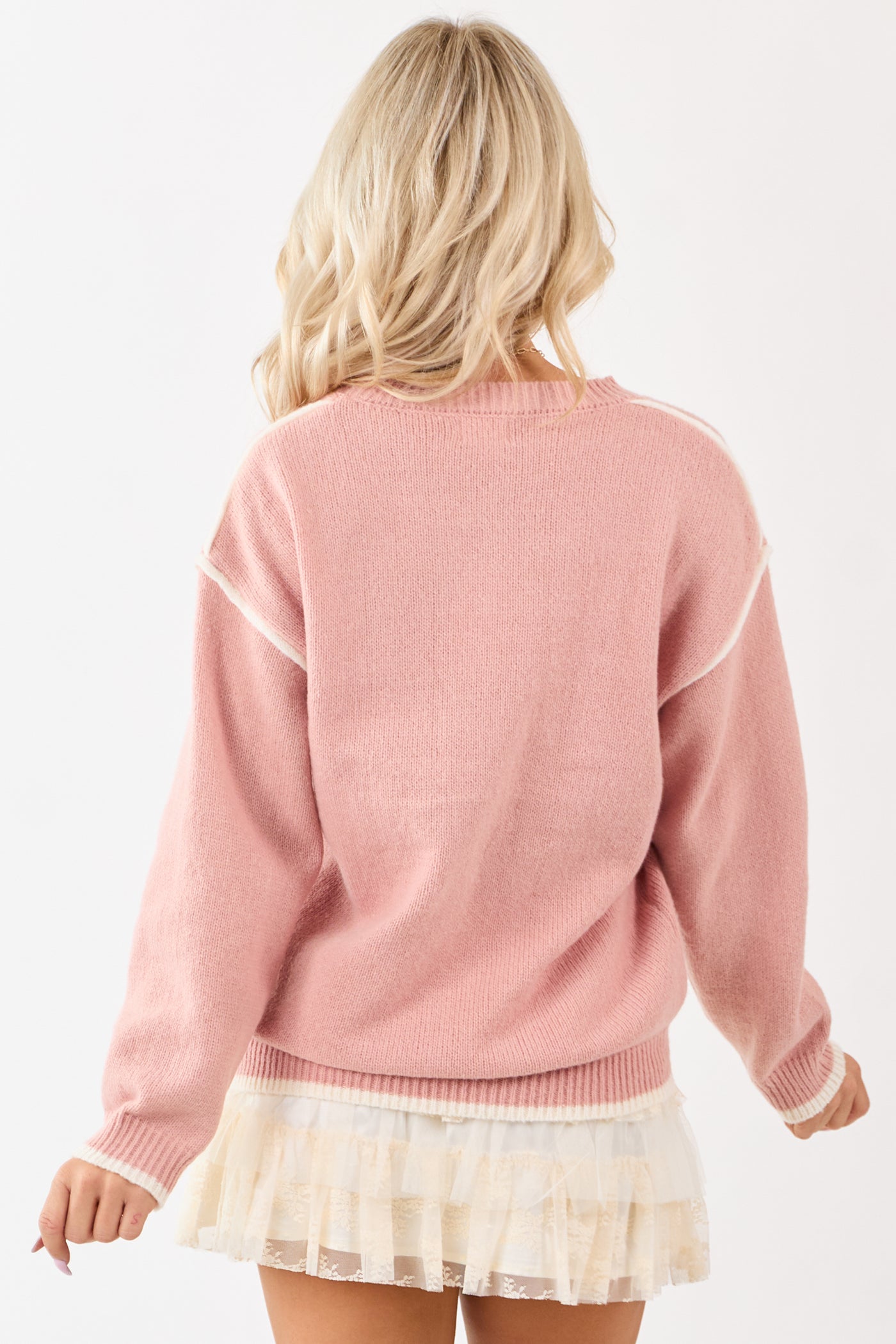 Lovelo Cherry Blossom Contrast Trim Knit Sweater