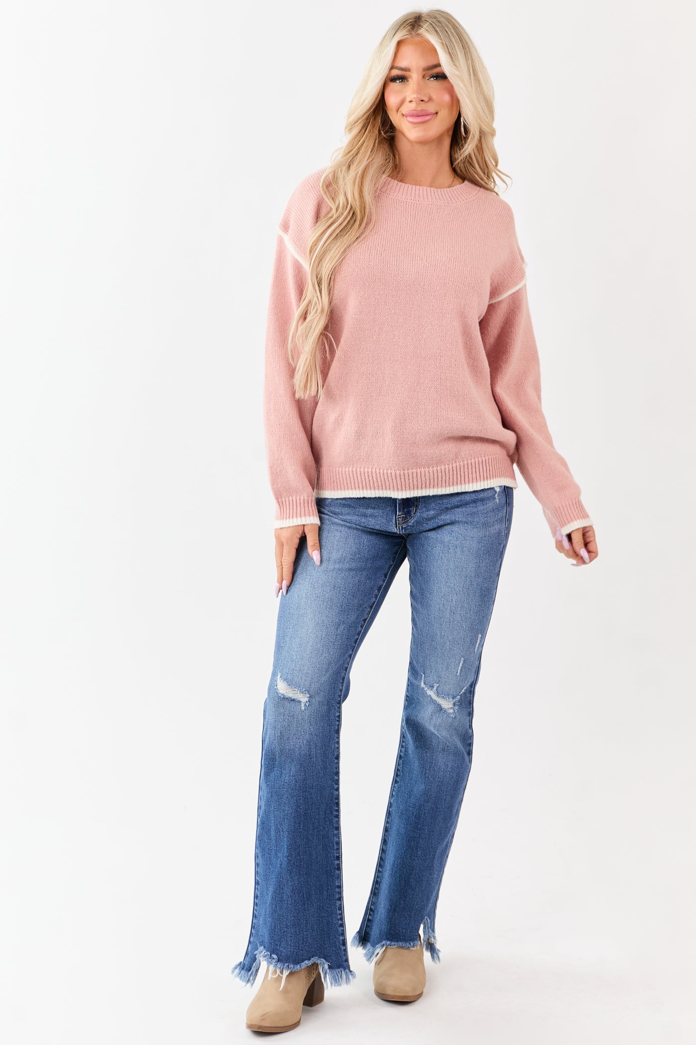 Lovelo Cherry Blossom Contrast Trim Knit Sweater
