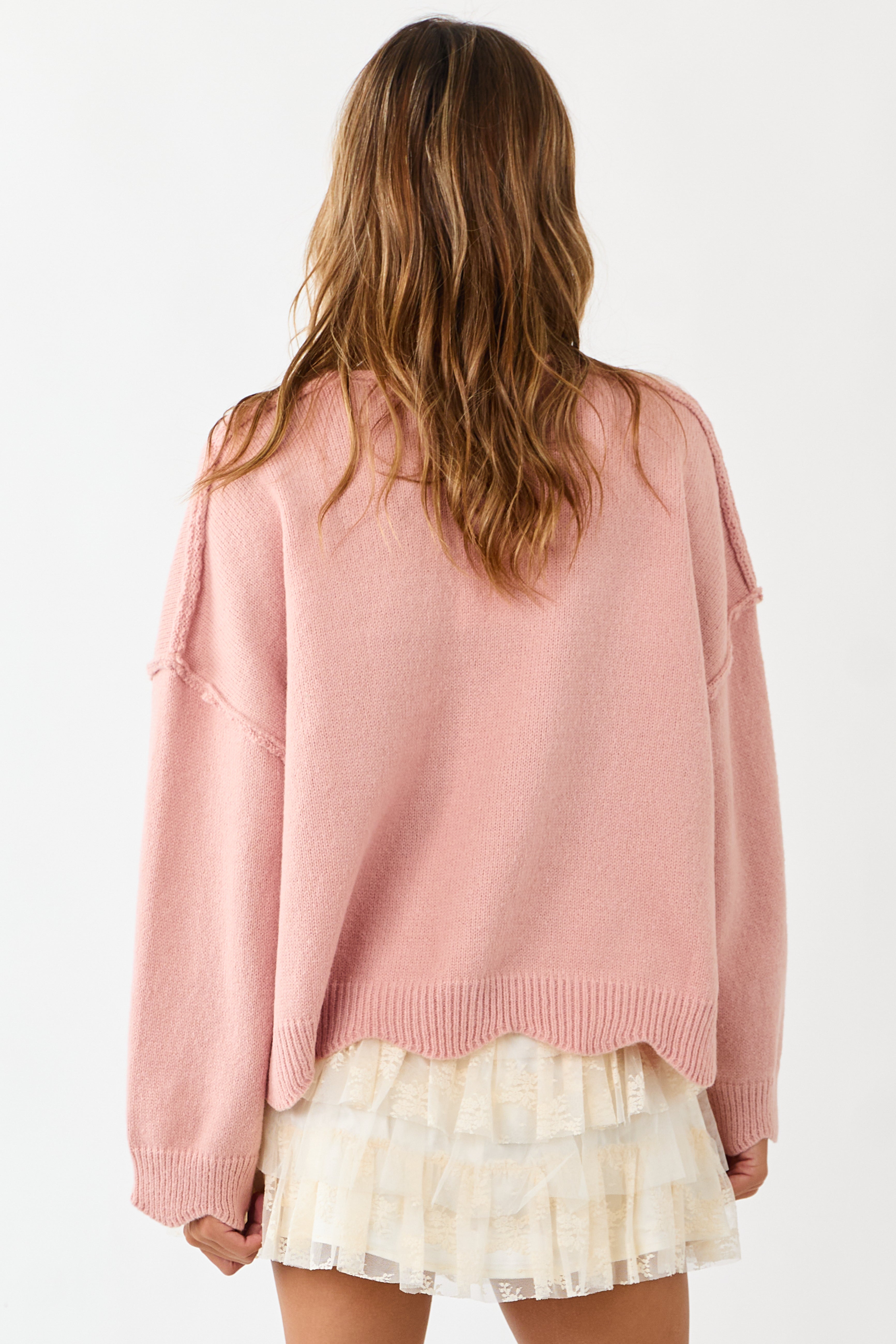 Lovelo Cherry Blossom Scallop Trim Relaxed Sweater