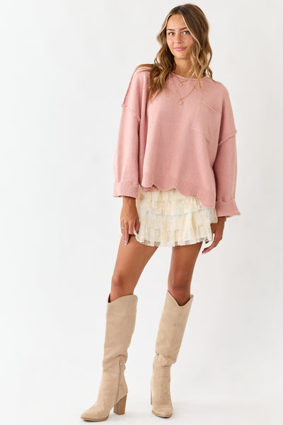 Lovelo Cherry Blossom Scallop Trim Relaxed Sweater