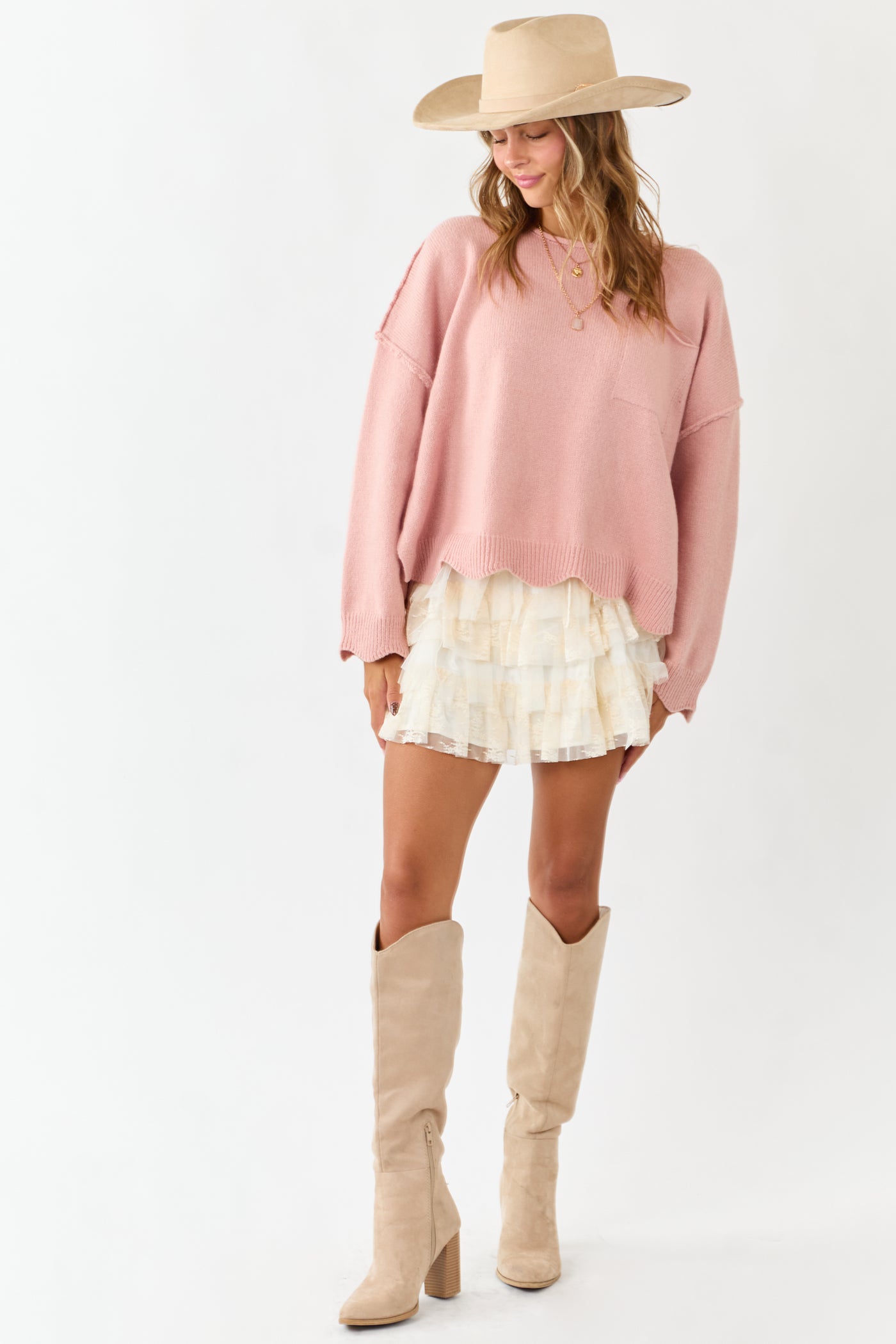 Lovelo Cherry Blossom Scallop Trim Relaxed Sweater